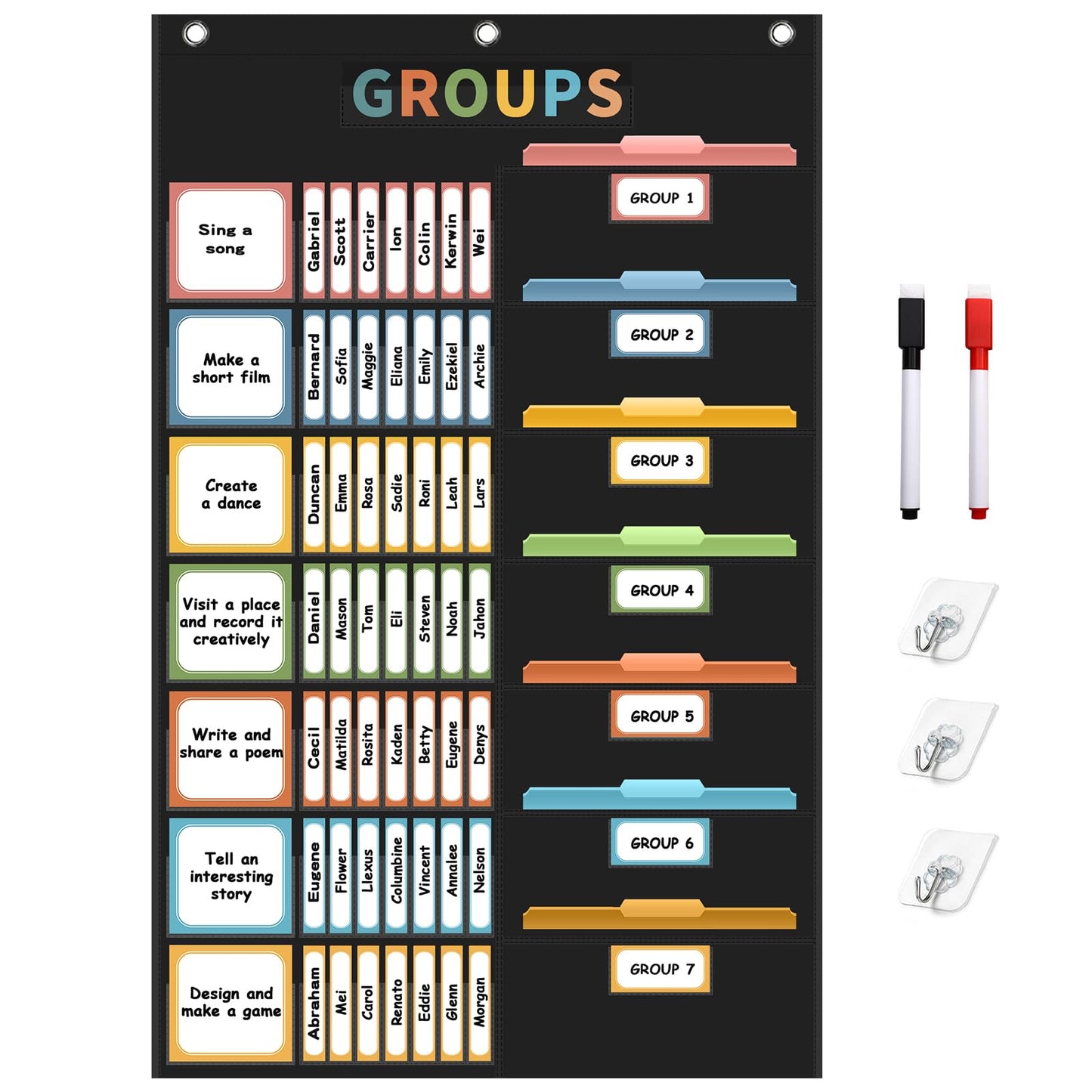 REGELETO Boho Small Group Management Pocket Chart with 114 Cards, Large Size 46 x 26.3 inch Classroom Small Group Organizer for School Teacher Homeschool Learning Supplies (Black)