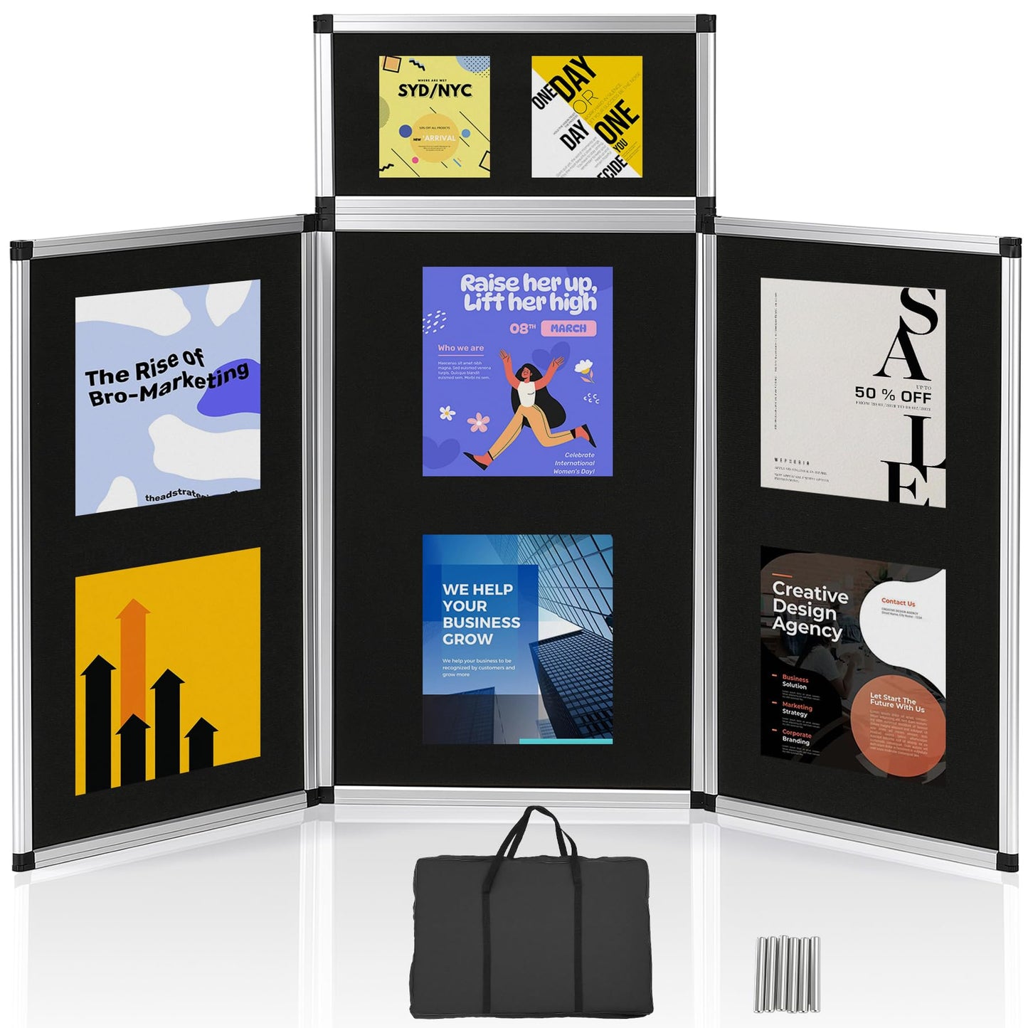 LITTLE TREE 3+1 Panel Trade Show Presentation Board, 70.8" x 35.4" Portable Panel Display, Folding 3 Panel Exhibition Boards Double Sided Tabletop Display Black Hook & Loop-Receptive Fabric with Bag