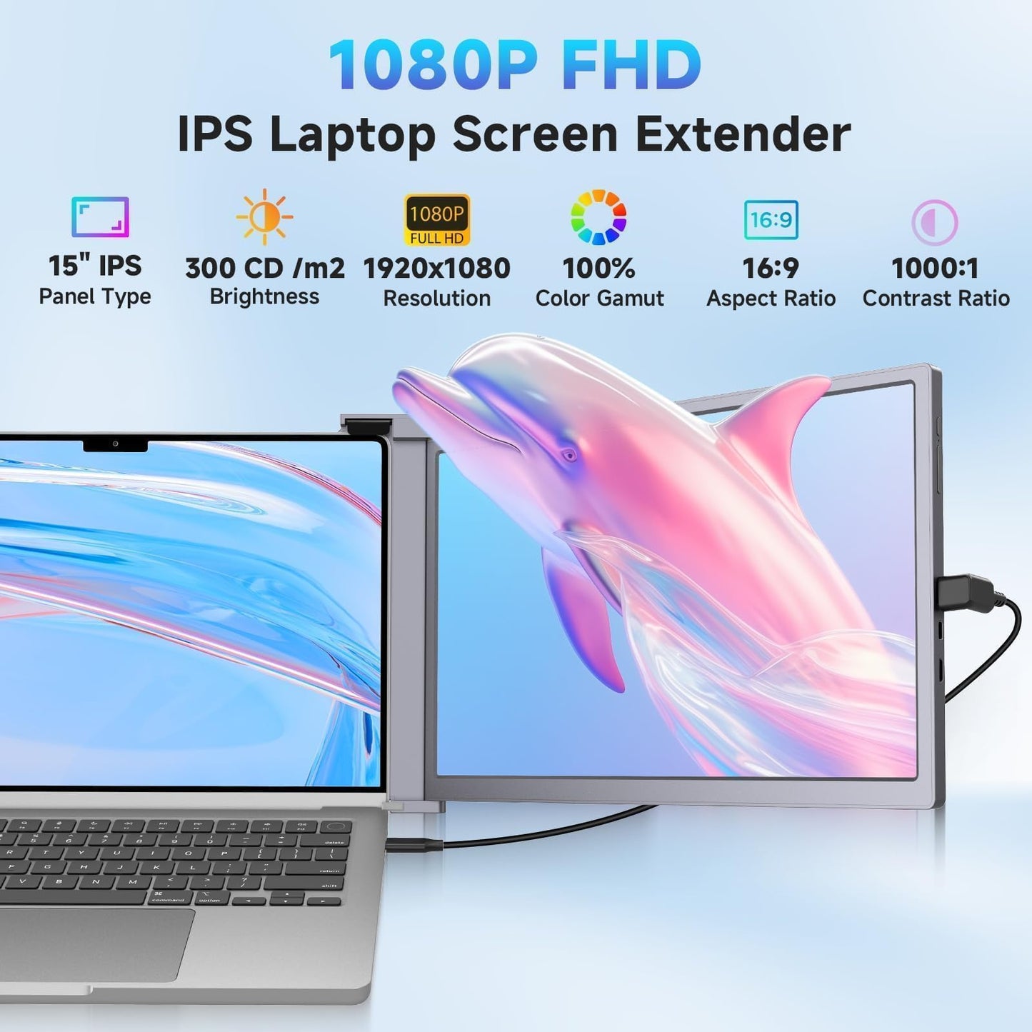 Laptop Monitor Extender, 15" 1080P FHD Triple Screen Extender for 15-17.3" Laptop, Ultra-Thin Screen Extender Portable Laptop for Study Office Gaming Business Trip Use Mac/Windows/Chrome (15.2 Inches)