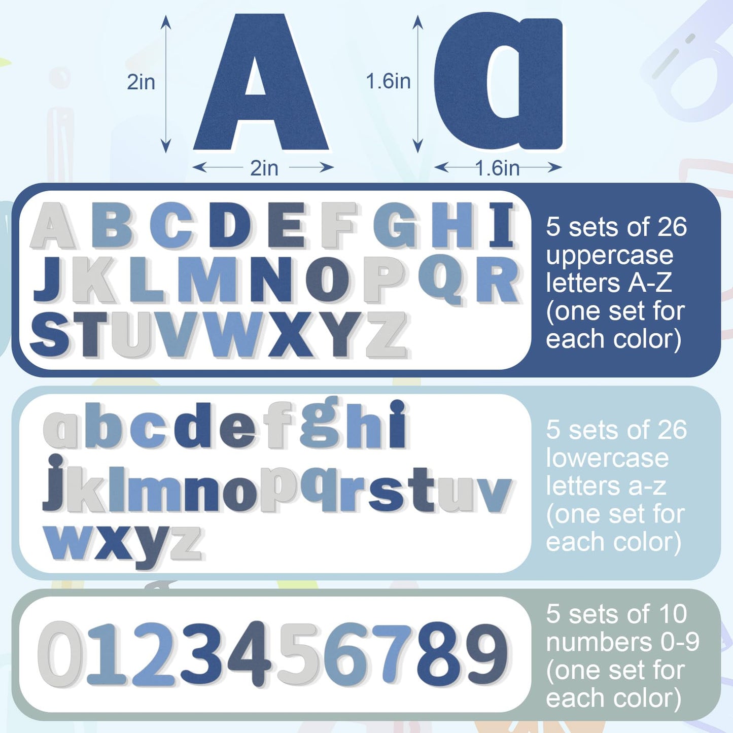 Breling 310 Pieces Felt Letter Bulletin Board Letters Sticker with Number 2" Bulk Self Adhesive ABC Upper Lowercase Sticky Letter for Xmas Gift Bulletin Board Classroom(Blue Color)