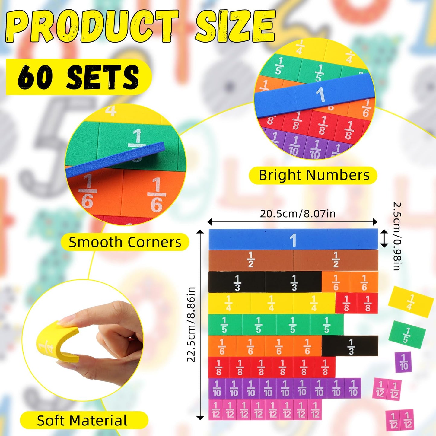 Sayglossy 60 Sets Fraction Tiles Set for Math Classroom Fractions Manipulatives Math Learning Manipulatives for Home School Supplies