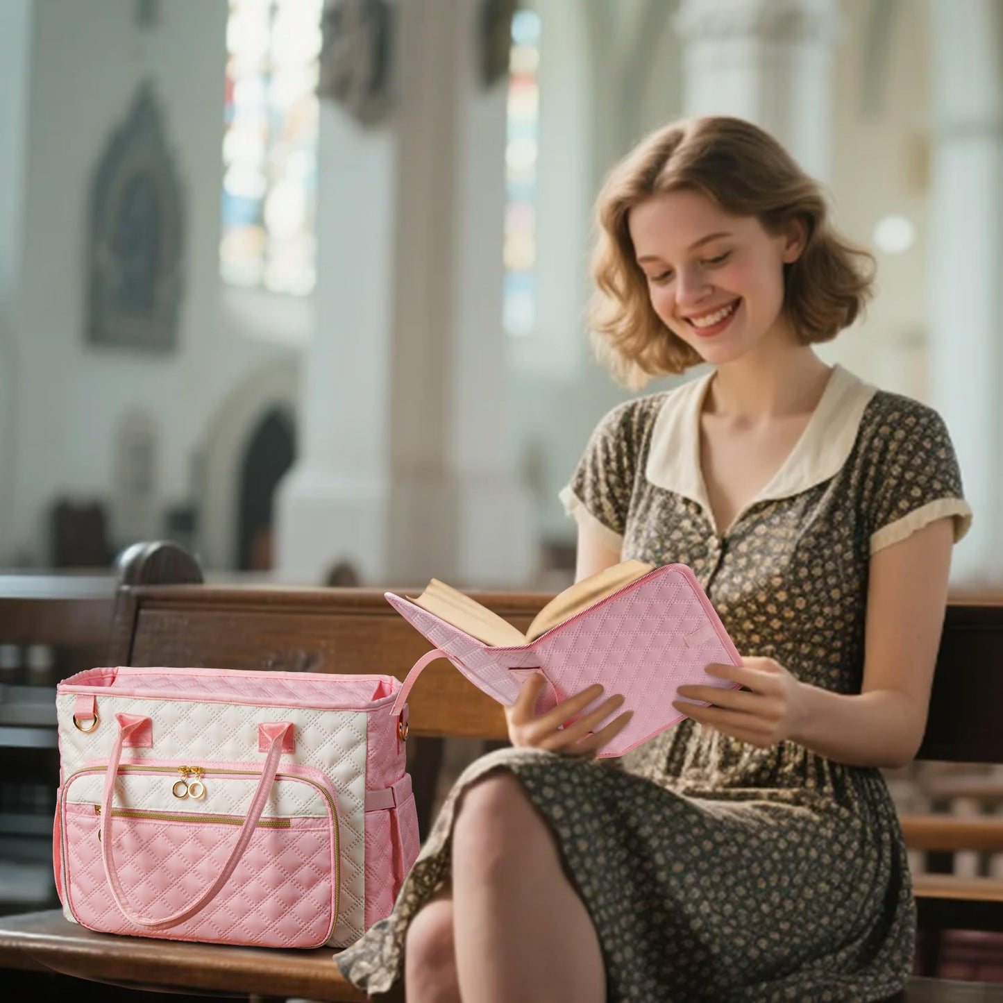 Large Bible Bag with Bible Cover Case for Women，Church Tote Bag Travel Bag Diaper Bag with Shoulder Strap for Teachers, Nurses, Moms, Bible Lovers (Pink)