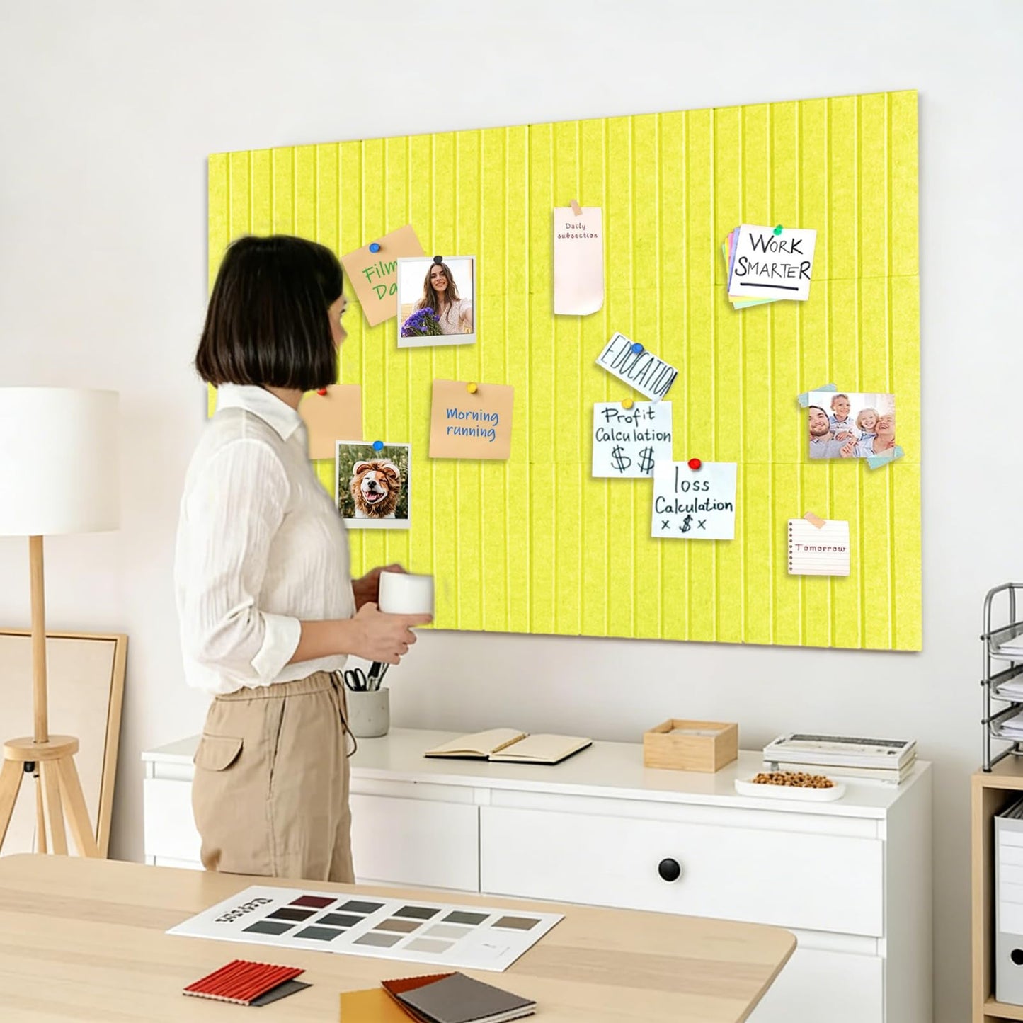15 Pack Felt Bulletin Board, 35" x 59" Large Yellow Pinboard with 30 Push Pins, Felt Pin Board, Self-Adhesive Cork Board Tiles for Home, Office Walls, School Classroom Message Photos Display