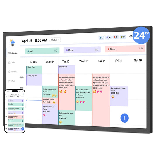 Digital Calendar 24 Inch Touch Screen, Electronic Wall Calendar Chore Chart for Family Monthly/Weekly Planner, Interactive Display Smart Calendar for Home Organization, Desk Mount Included - Black