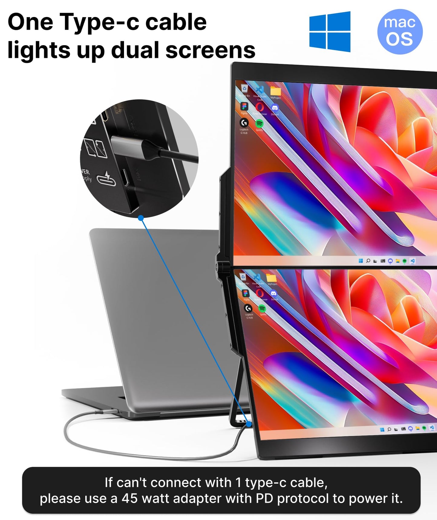 Ingnok Dual Portable Monitor,15.6inch FHD 1080P Screen with USB-C mini HDMI, Foldable Screen Design,Portable Dual Monitor Compatible with Windows/Mac, Easy Setup for Work