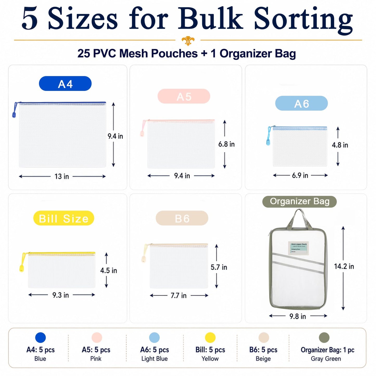 ROYPACK 25 Pack PVC Mesh Zipper Pouches with 1 Organizer Bag, 5 Sizes A4 A5 A6 Bill B6, Translucent File Bags for Classroom Puzzle Board Game Craft School Office Storage (26pcs)
