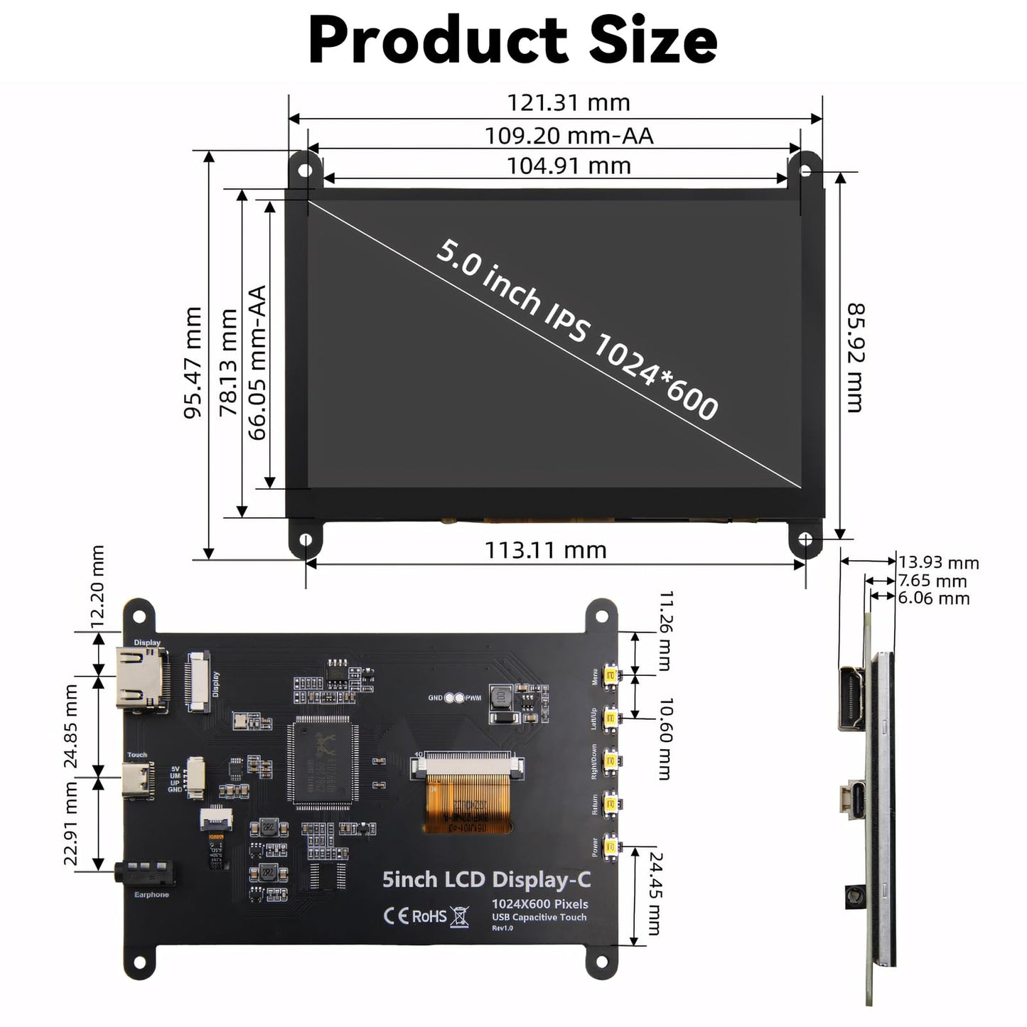 Ransanx 5 Inch Mini Monitor Small Monitor with Capacitive Touch Screen 1024 * 600 High Pixel Display Full View HDMI- IPS Monitors Portable for Raspberry Piscreen 、for BB Black、for Banana Pi etc