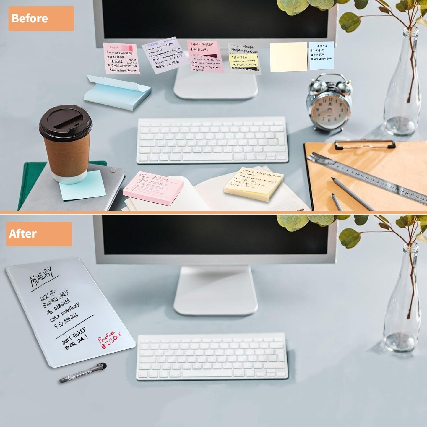 iNenya Glass White Board with Stand,Magnetic Mini Dry Erase Board for Desk,Small Desktop Whiteboard with Solid Wood Bracket