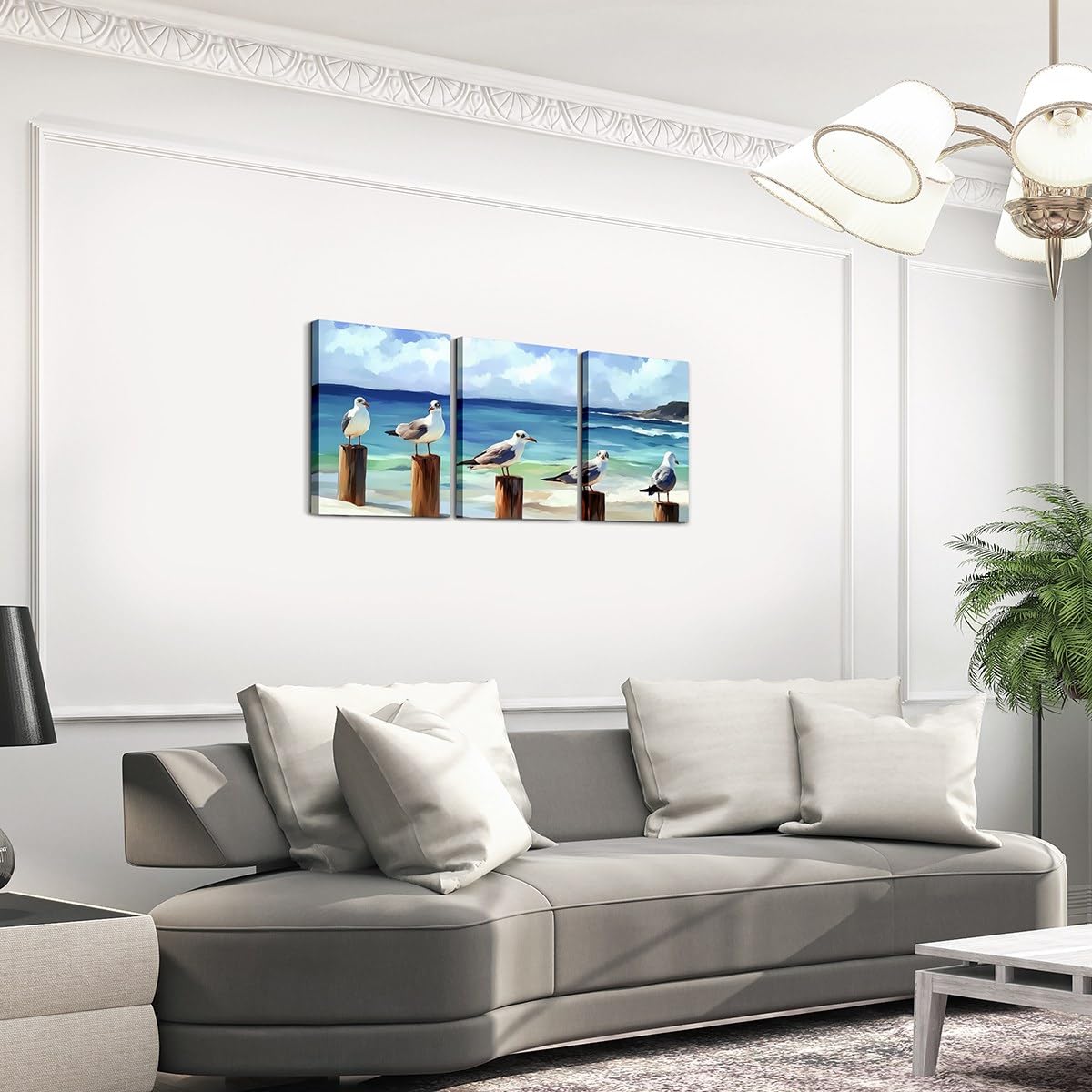 jejeloiu Seagull Blue Canvas Wall Art for Living Room Bedroom 12"x16"x3pcs Ocean Bird Picture Wall Decor for Bathroom Coastal Beach Office Decorations Artwork Posters Marine Life Sea Painting