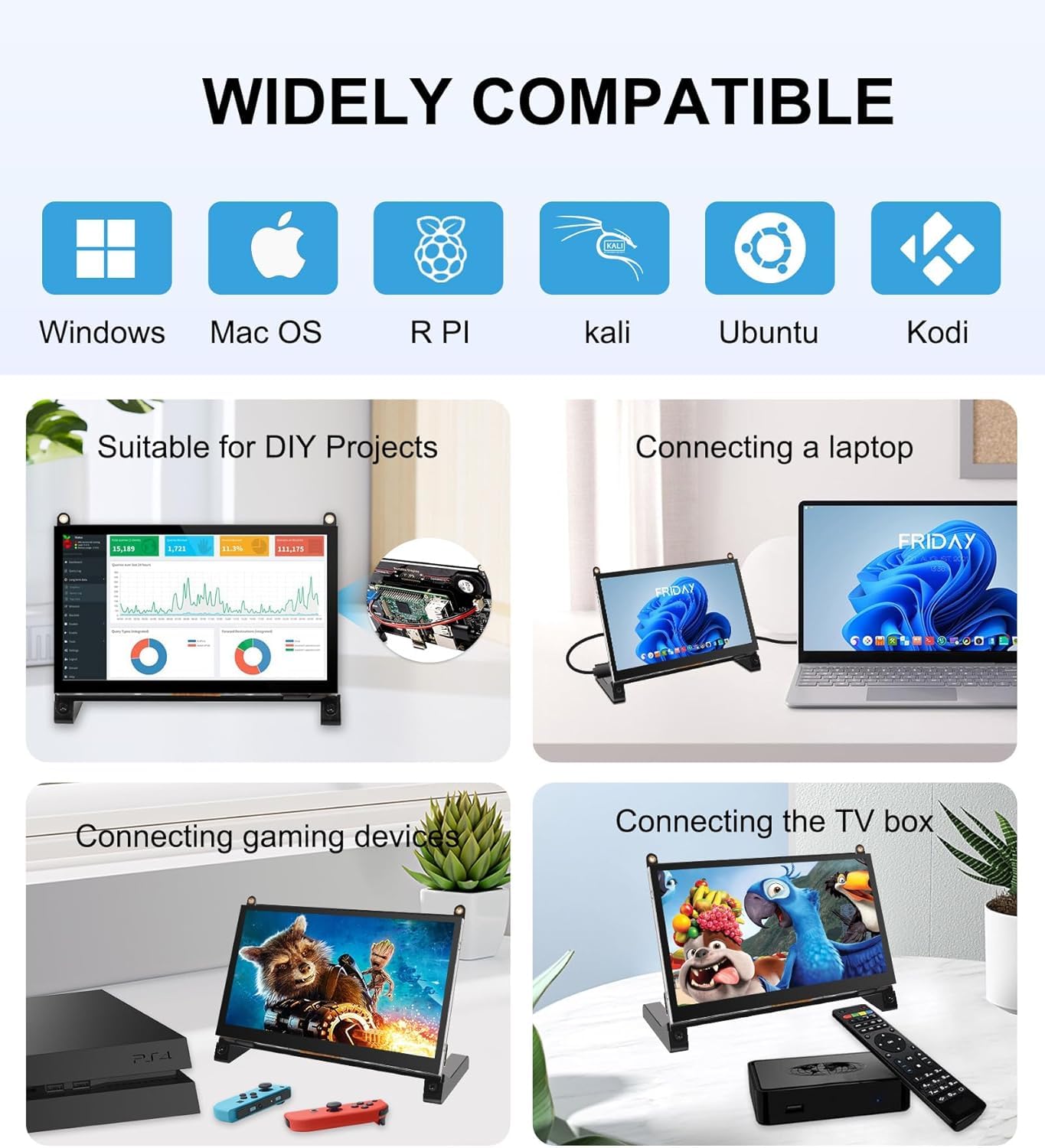 NLIEOPDA 7 Inches Touchscreen Monitor, HD 1024×600 IPS LCD Capacitive Touch Screen Compatible with R Pi 4B/3B+/3B/2/1B+/Zero Ora Pi 5 Por/3 Plus/3B/4B Ban Pi and Windows 10/8/7 (CX-070-A2 US)