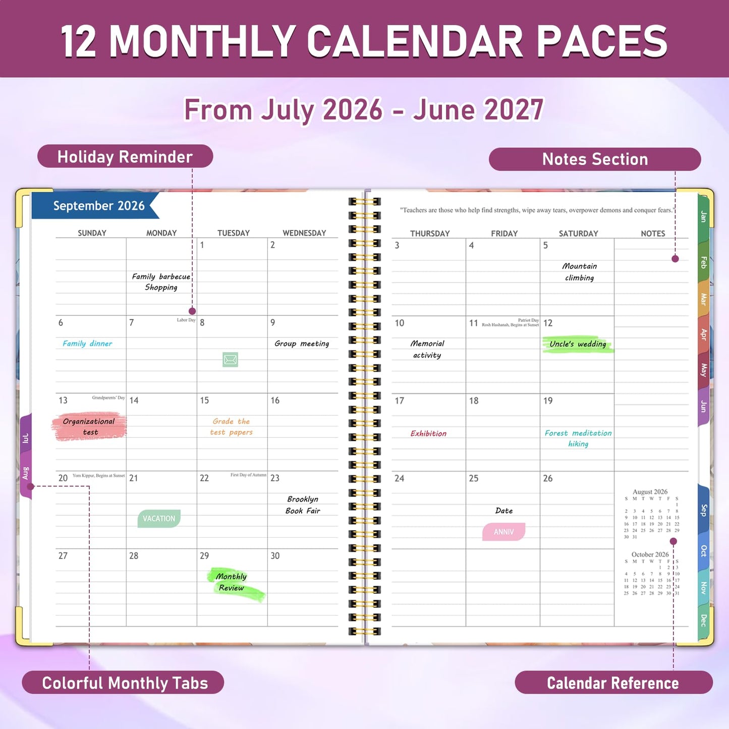 Teacher Planner 2026-2027, Jul 2026-Jun 2027 Academic Year, 8.5" x 11" Lesson Planner Book for Teacher Calendar, Spiral Bound Planners, Planning Stickers, Colorful Monthly Tabs, Flower