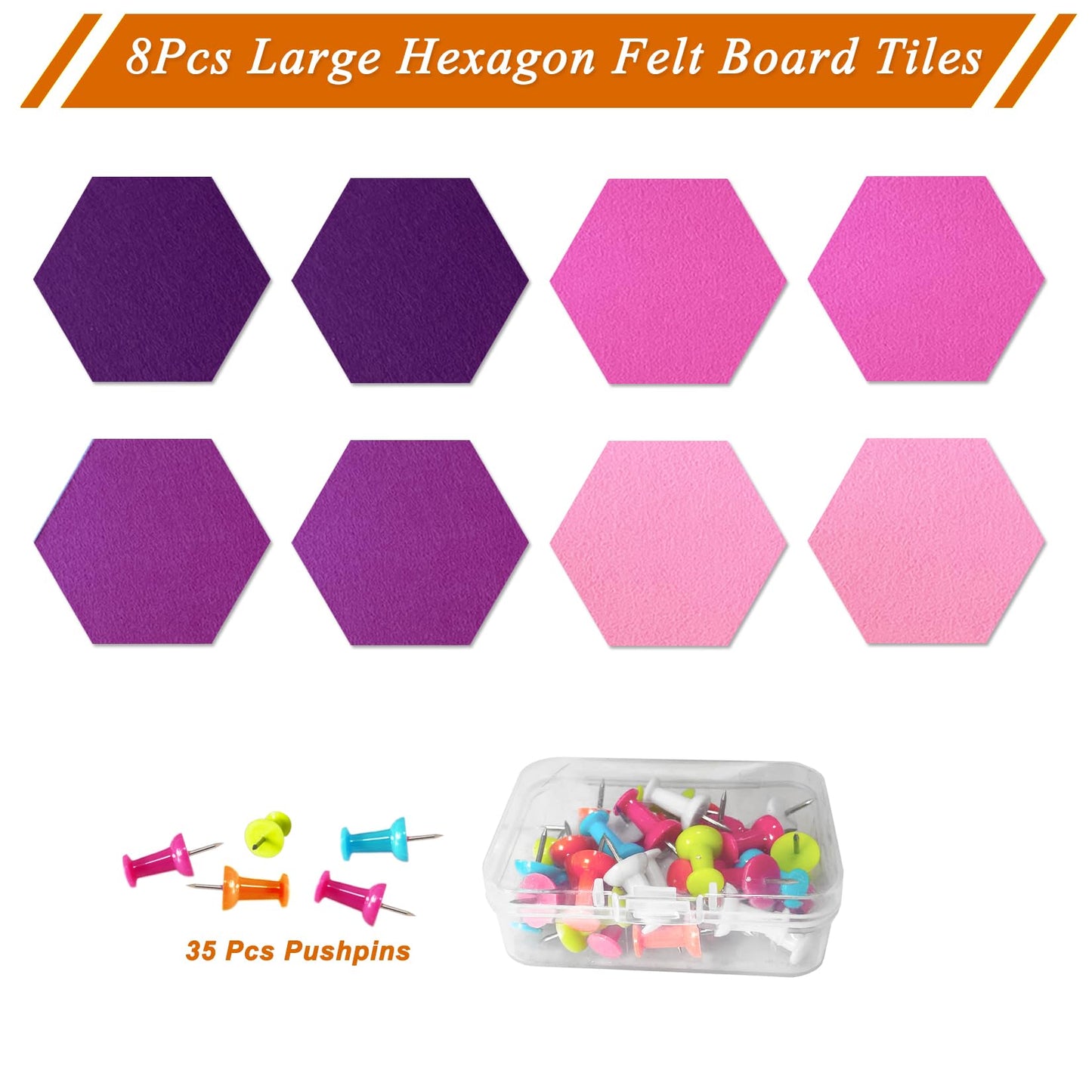 HULAVO Large Hexagon Felt Cork Board Tiles, Self Adhesive DIY Felt Bulletin Board Pin Board with 35 Pushpins for Office School Home Wall Decor Stickers Memos Photos Display(Deep Purple+Pink)