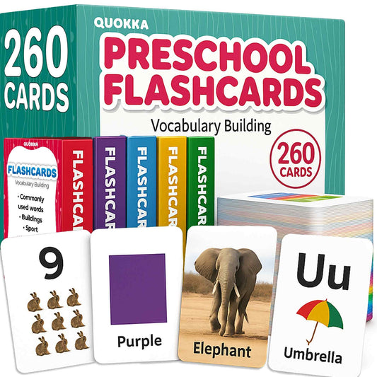 QUOKKA 260 Flash Cards for Kids Ages 3-5 with Realistic Images – Pre K Flash Cards Age 4-5 for Toddlers & Preschool, Alphabet, Numbers, Shapes, etc with 30 Learning Activities Color-Coded for Sorting