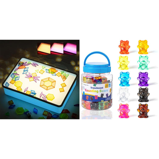 Odoorgames Blue Sand Painting Light Box - 100 Pcs Translucent Bear Counters - 10 Colors - Kindergarten Classroom & Light Table Manipulatives - Counting Animals and Color Sorting Bears for Kids