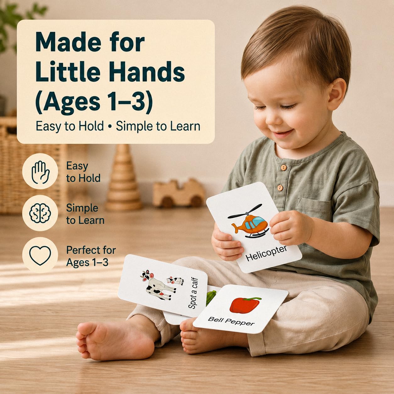 Flash Cards for Toddlers 1–3 – 55 Thick & Durable Learning Flashcards, First Words, Real-Life Images, Montessori Toy 12+ Months
