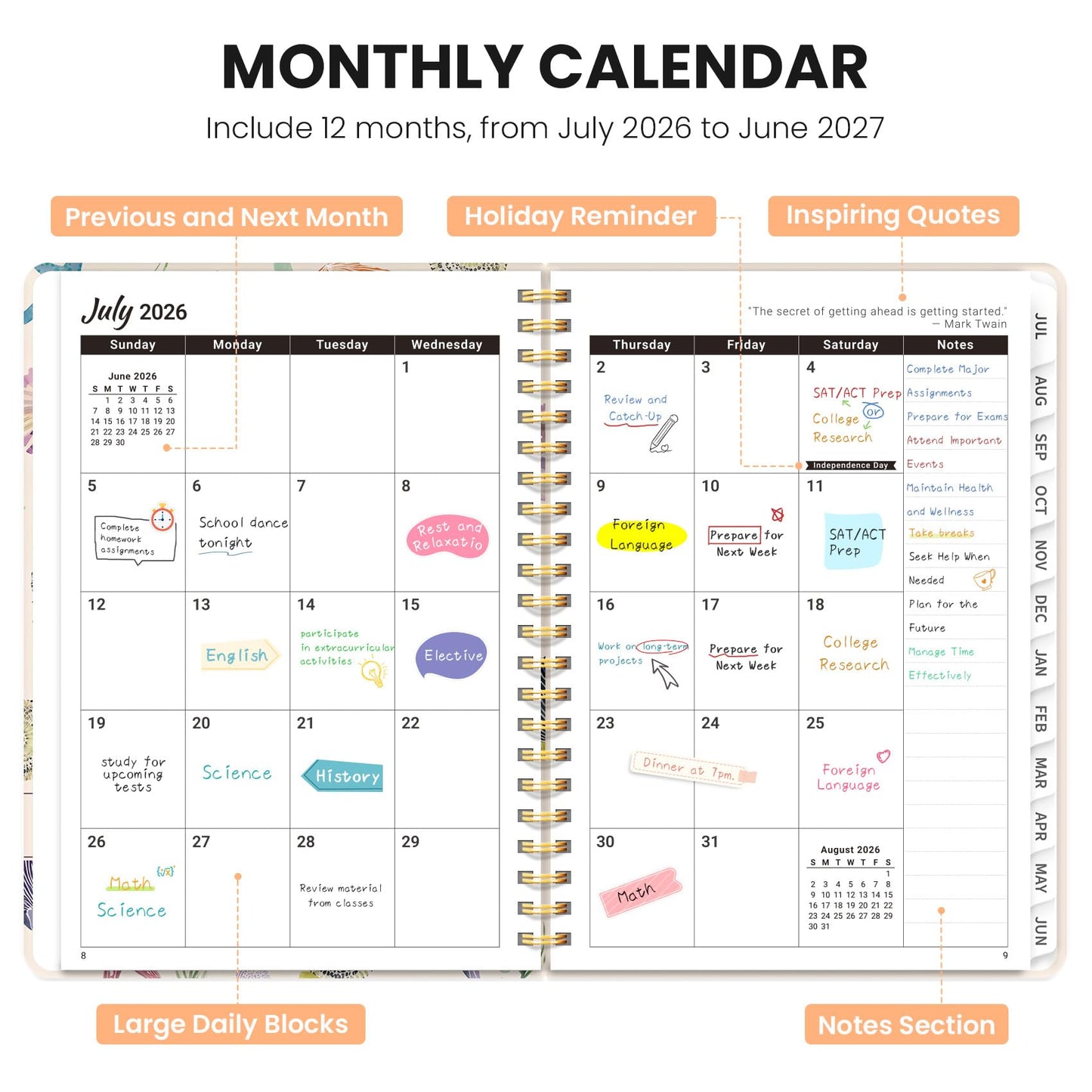 Academic Planner 2026-2027, Monthly and Weekly Calendar Planner, July 2026 - June 2027, Pretty Hardcover Teacher Student Planning Agenda Book with Tabs, Fit for School Office Supplies, 6.3" x 8.5", Sea Shell