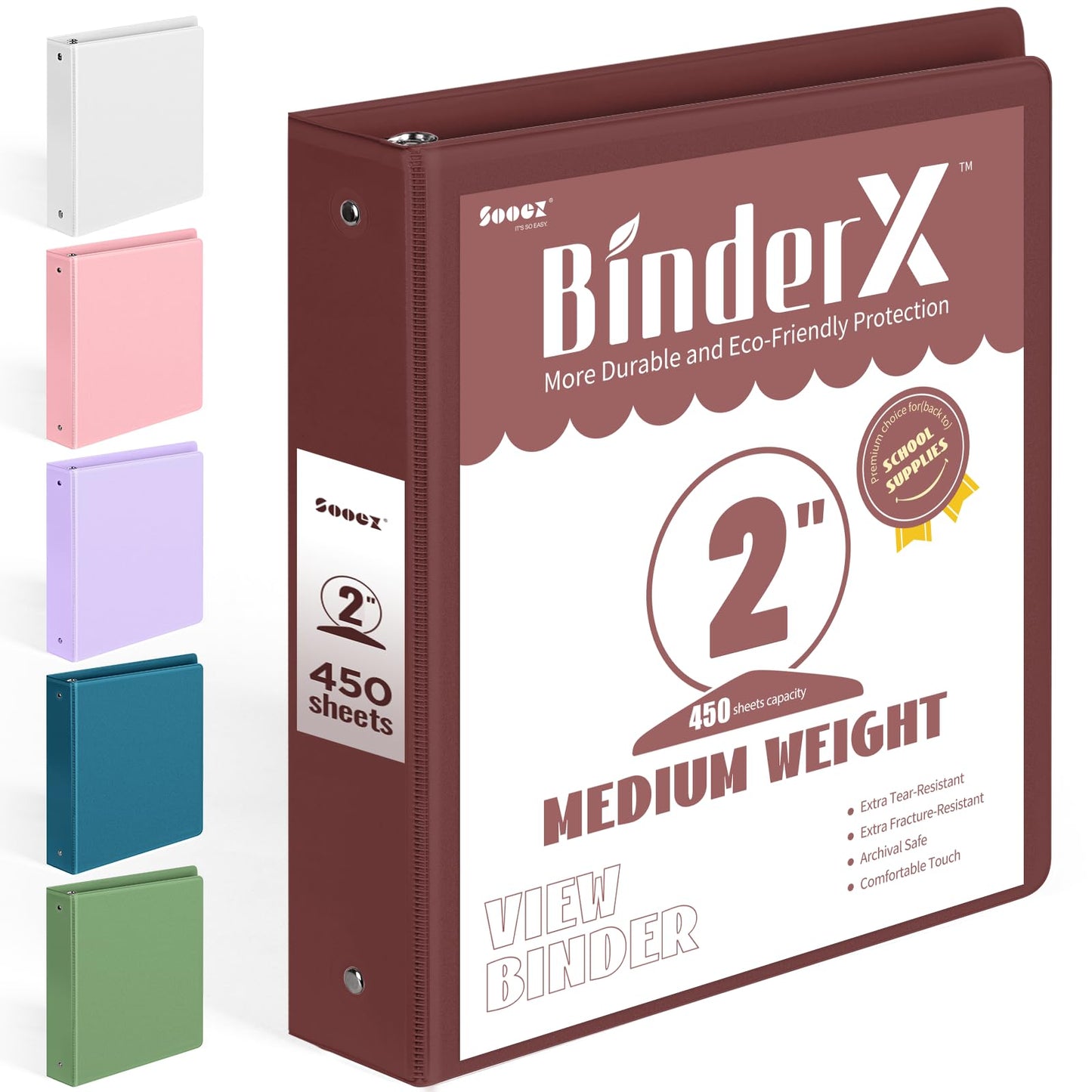 BinderX Extra Durable 3 Ring Binder, Round Ring 2 Inch Binders, Fits 450 Sheets of 8.5x11 Paper, Customizable View Cover with Inside Pockets, Cute 2" Binder, School Supplies for Girls, Burgundy Red