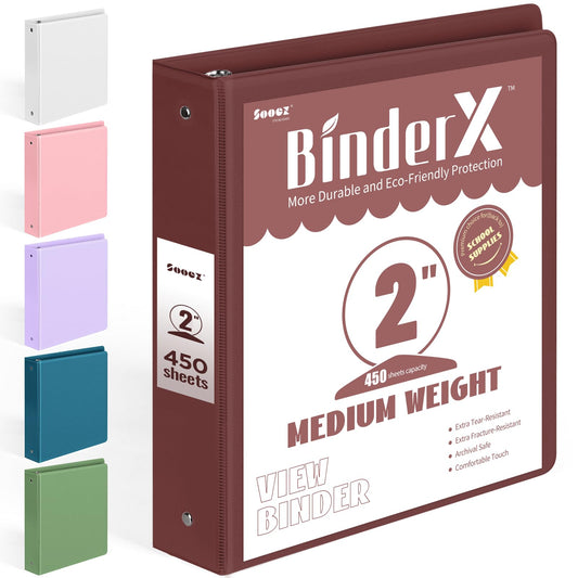 BinderX Extra Durable 3 Ring Binder, Round Ring 2 Inch Binders, Fits 450 Sheets of 8.5x11 Paper, Customizable View Cover with Inside Pockets, Cute 2" Binder, School Supplies for Girls, Burgundy Red