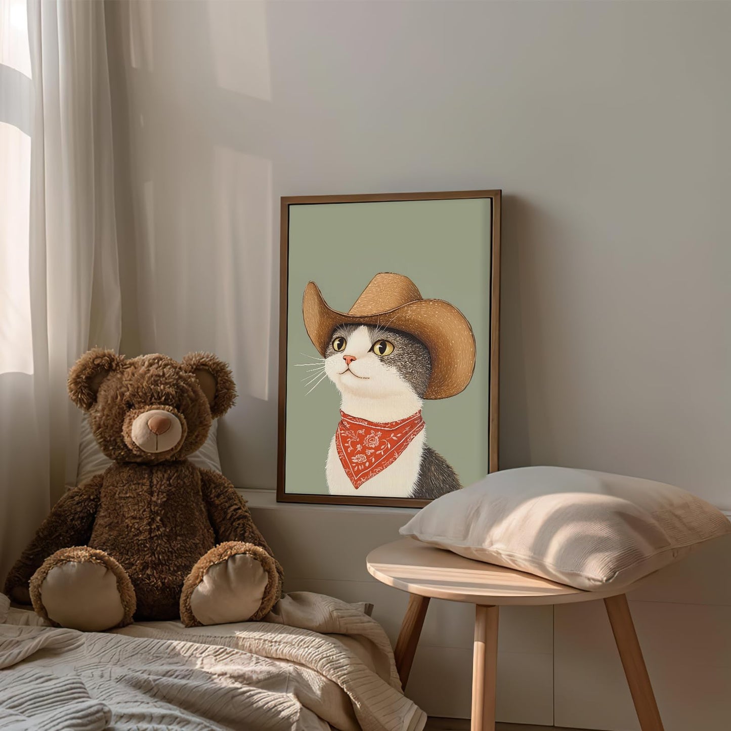 Nursery Poster Cute Animal Picture Funny Animal Wall Art Vintage Cowboy Cat Wall Art 16x24Inch Unframed Whimsical Cowboy Cat Pet Portrait Poster for BedRoom Living Room Boy Girl Kid Children's Bedroom