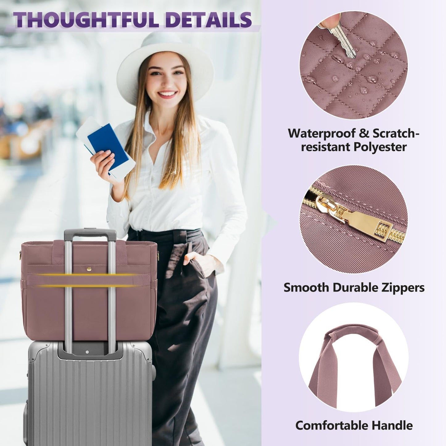SDYSM Teacher Tote Bag 15.6 inch Laptop Bag Work Bags for Women Nurse Tote Professional Computer Messenger Shoulder Bags Laptop Briefcase for Office, College, Nursing, Dusty Pink