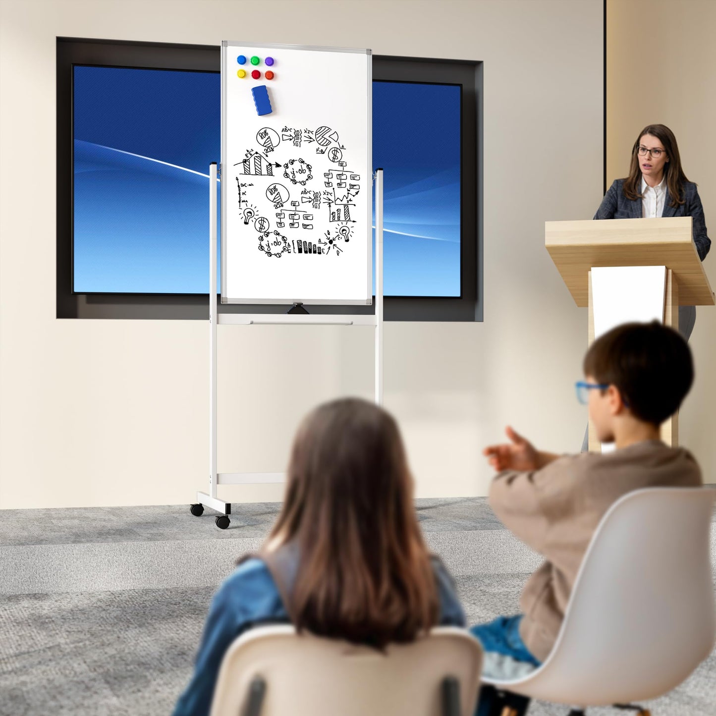 Large Rolling Whiteboard on Wheels, 40" x 24" Double-Sided Mobile White Board with Stand, Portable Standing Magnetic Dry Erase Board Easel for Home Office Classroom School, Silver