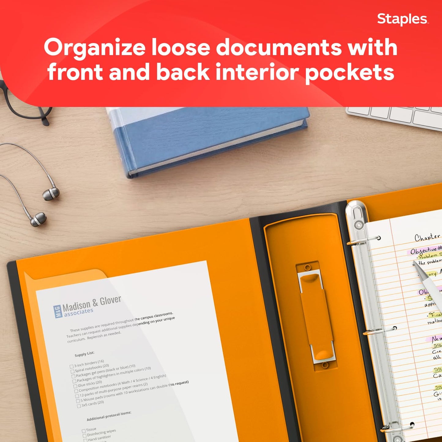 Staples 3" D‑Ring Heavy‑Duty View Binder, Orange, Durable 3‑Ring Binder with Reinforced Construction, Holds Up to 600 Sheets for School & Office