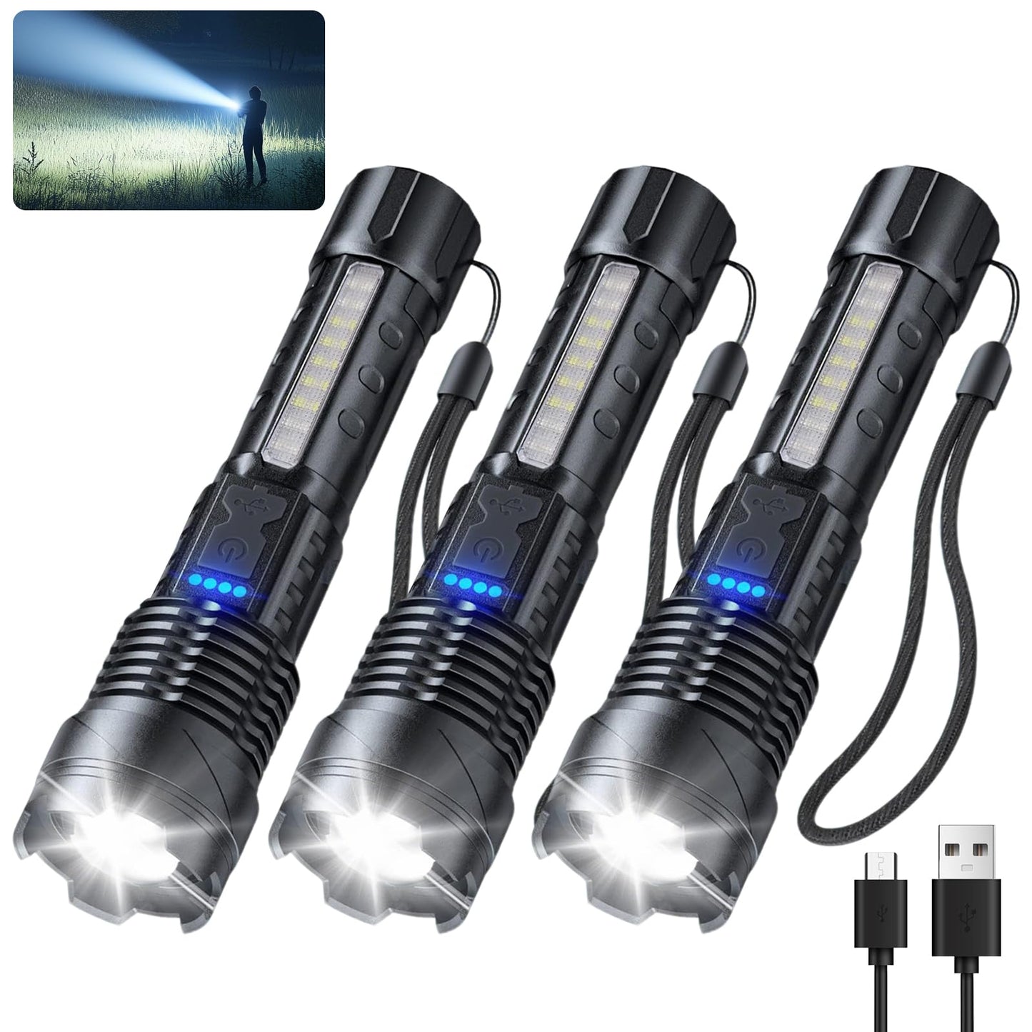 JIJ Flashlight 3 Pack - Rechargeable LED Tactical Flashlights, 7 Modes, IP67 Waterproof, Model J1-3pack, Color: 3PACK
