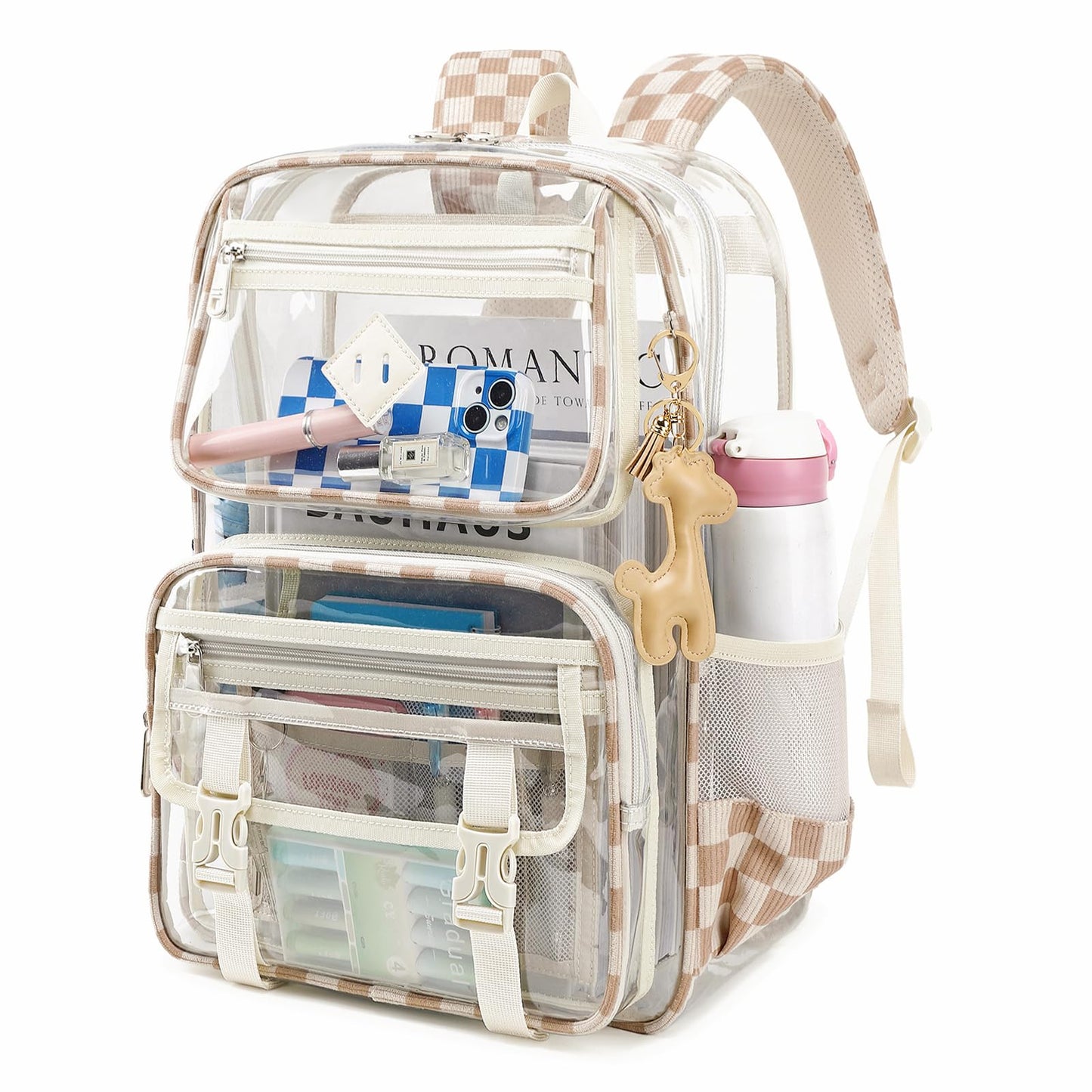 Sisipoet Clear Backpack, Heavy Duty Clear Bookbag PVC Transparent Backpack for School for Teens Girls Women with Leather Pendant,Khaki