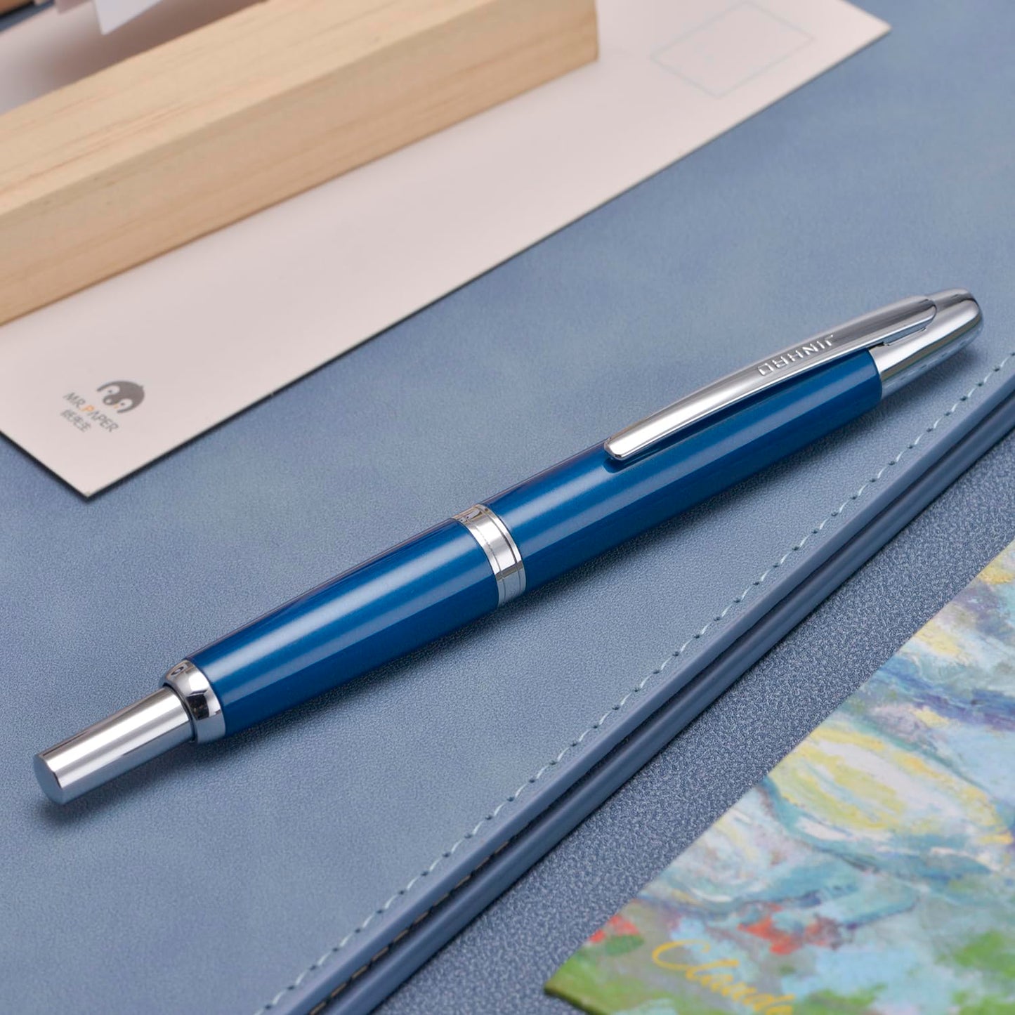 Jinhao 10 Press Fountain Pen with Box, Pearl Blue Retractable Extra Fine Nib with Ink Converter Set (Silver Clip)