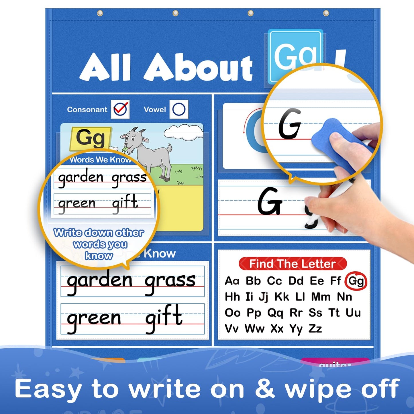 Torlam Alphabet Learning Pocket Chart Alphabet Wall Chart ABC Flash Cards Learning Games, Handwriting Practice Letter Tracing for Kids Homeschool Preschool Kindergarten Learning Activities Must Haves