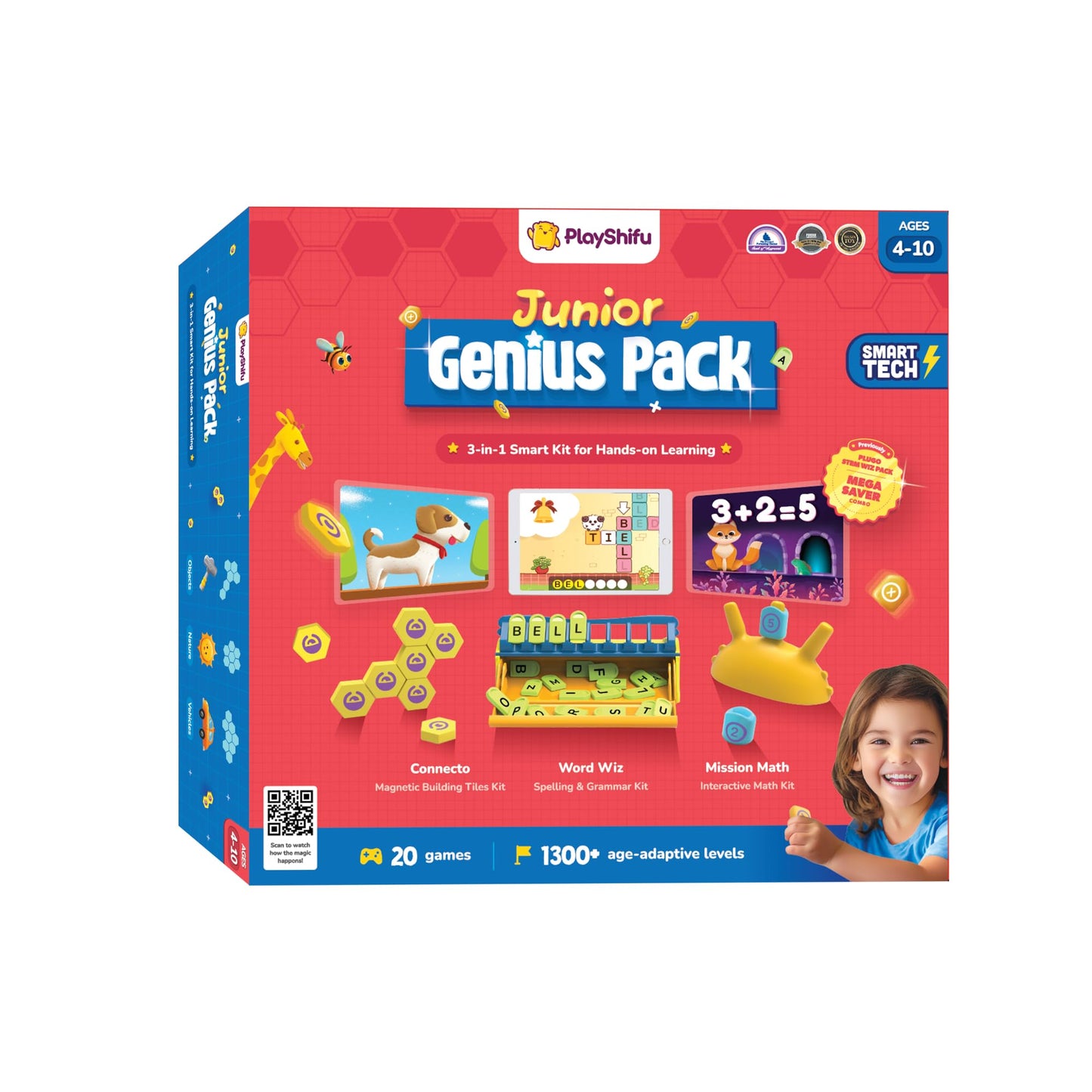 PlayShifu Junior Genius Pack | 3-in-1 STEM Learning Kit with Word Wiz, Mission Math & Connecto | Tech-Powered Educational Toys for Kids Ages 4–10 | Gift for Boys & Girls | Tablet Not Included