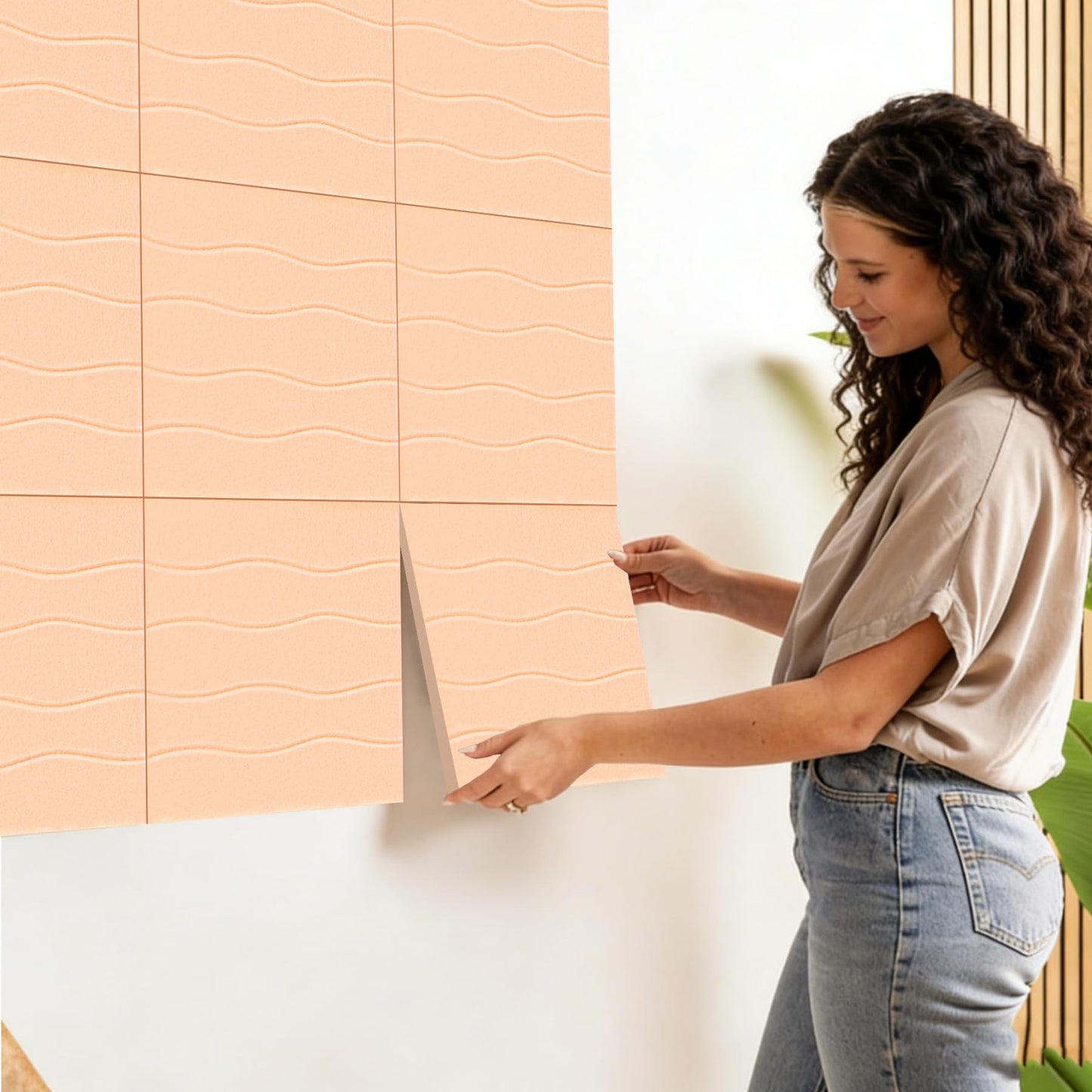 AKONEGE Felt Bulletin Board Tiles 12 Pack, 48" x 36" Cork Board Alternative, DIY Pin Board Wall Tiles for Photo Wall, Vision Board, Room & Home Office Decor, Stick-On with Adhesive Tabs, Peach Beige
