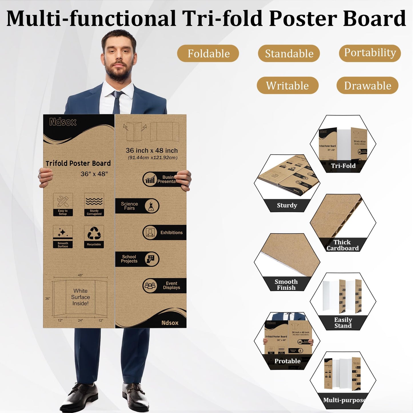 Ndsox 2 Pack 36" x 48" White Trifold Poster Board Large Corrugated Tri Fold Business Presentation Boards Picture Posterboard for Science Fairs, School Projects, Event Displays, Art Exhibitions