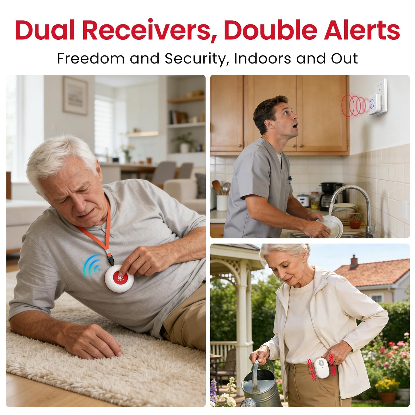 CallToU Wireless Caregiver Pager Waterproof Call Button Vibration Call Bell for Elderly at Home Disabled Patient Elderly Monitoring Nurse Calling 2 SOS Panic Buttons/Transmitters 500FT 2 Receivers