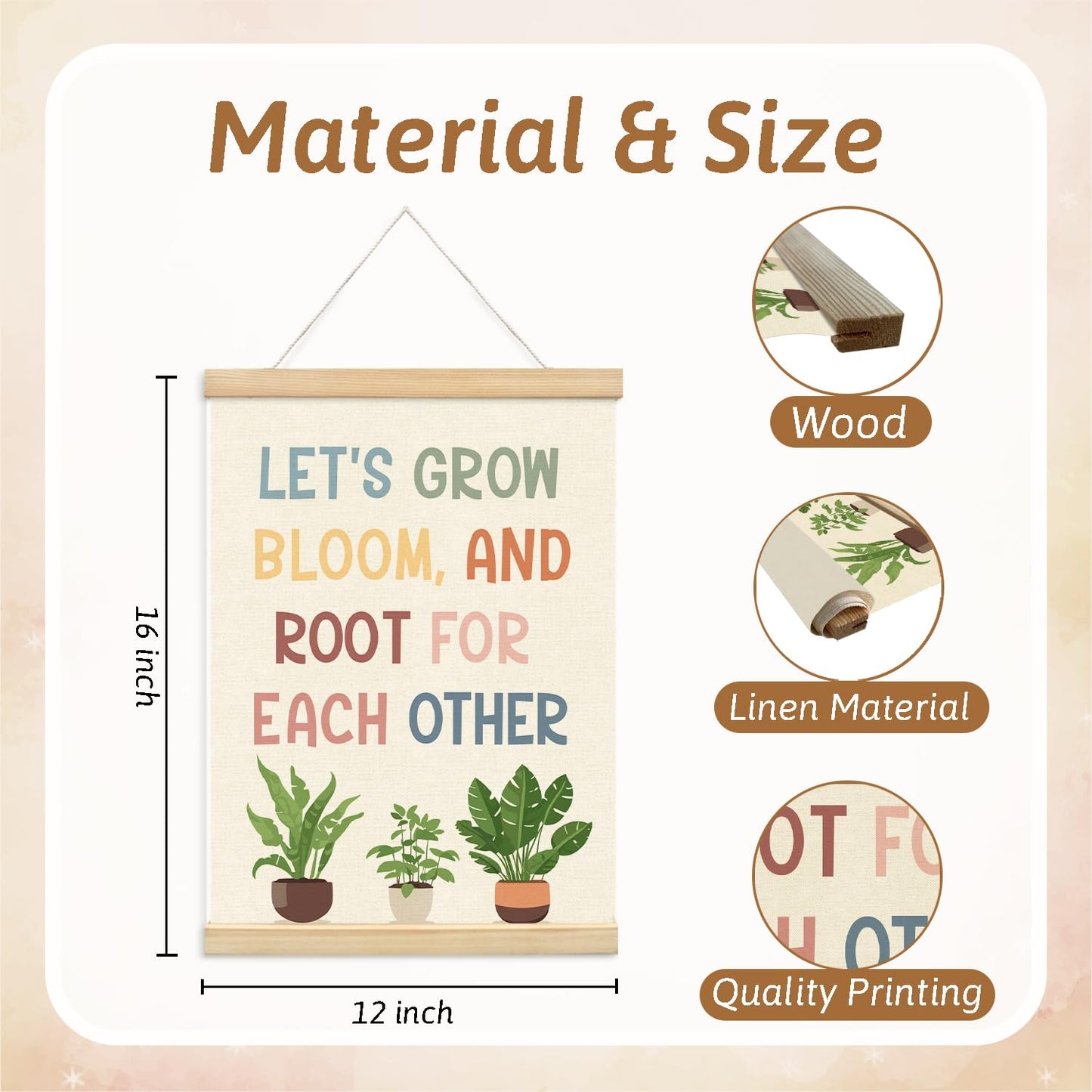 Lacama Positive Affirmations Wall Decor Poster Hanger Frame,Lets Grow Bloom And Root For Each Other,Nature Plant Education Wall Art Wooden Poster Hanger,12x16 Inches