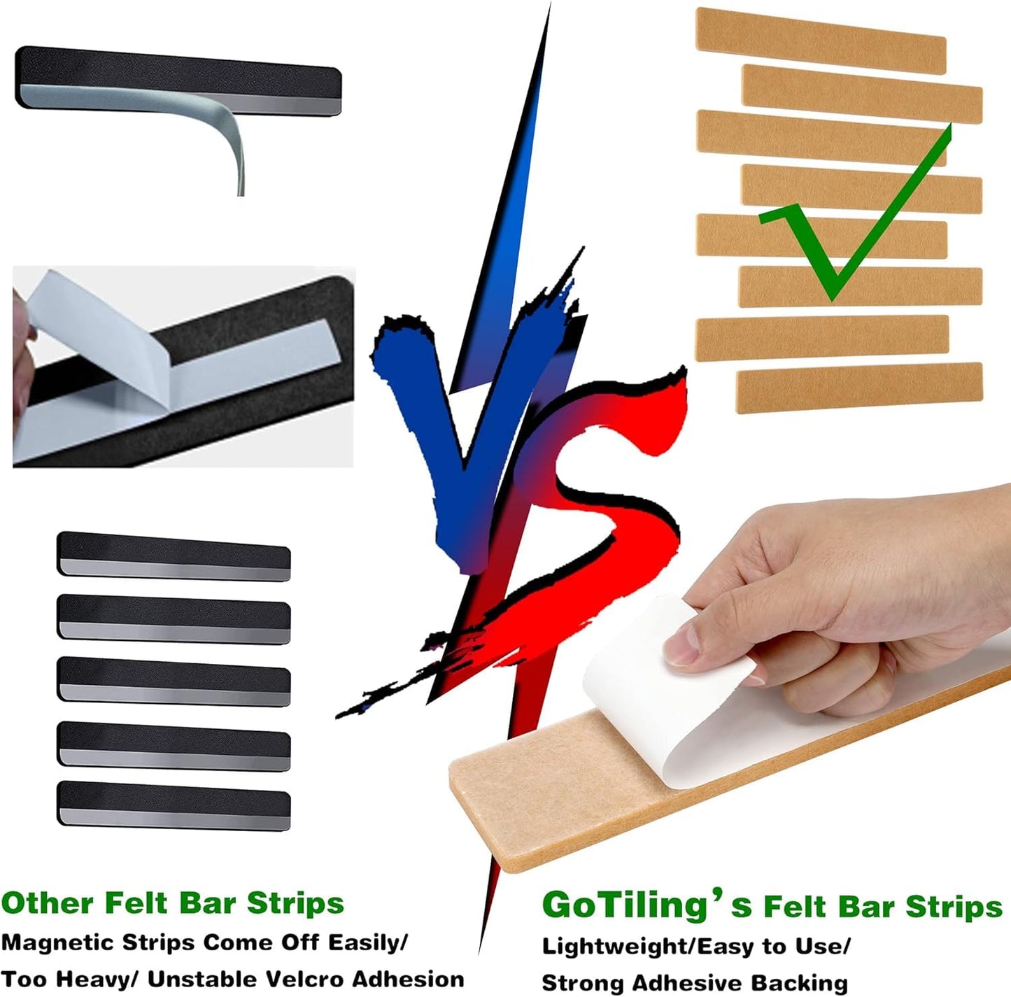 GoTiling Cork Board for Walls - 8 Pack Felt Pin Board Bar Strips - Self-Adhesive Lightweight Bulletin Board - Cork Board for Office with 40 Push Pins No Damage for Wall (Camel)
