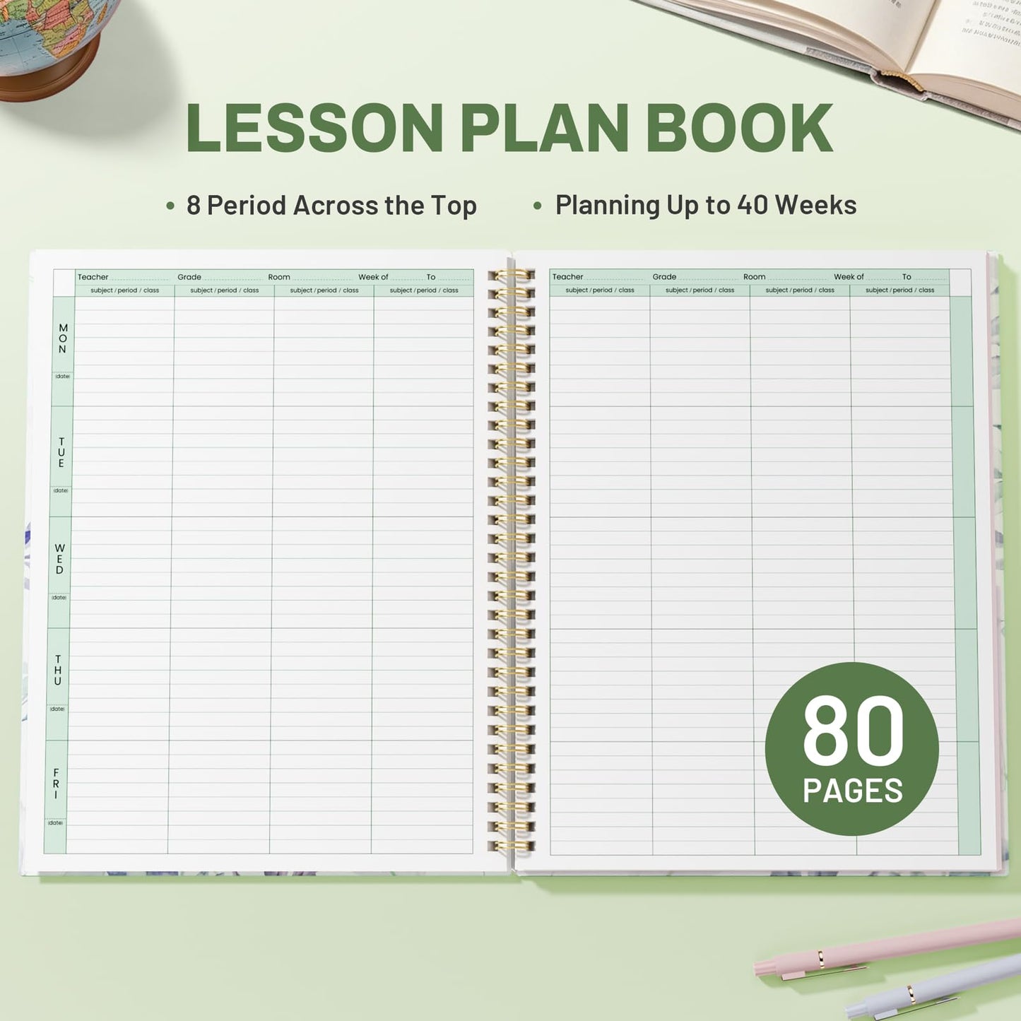 SUNEE 8 Period Teacher Lesson Plan Book - Days Vertically, Undated Teacher Planner 2026-2027 Academic Year, 8.5 x 11 Inch, 104 Pages/52 Sheets (40 Weeks), Waterproof PVC Cover, Back Pocket, Full Leaf