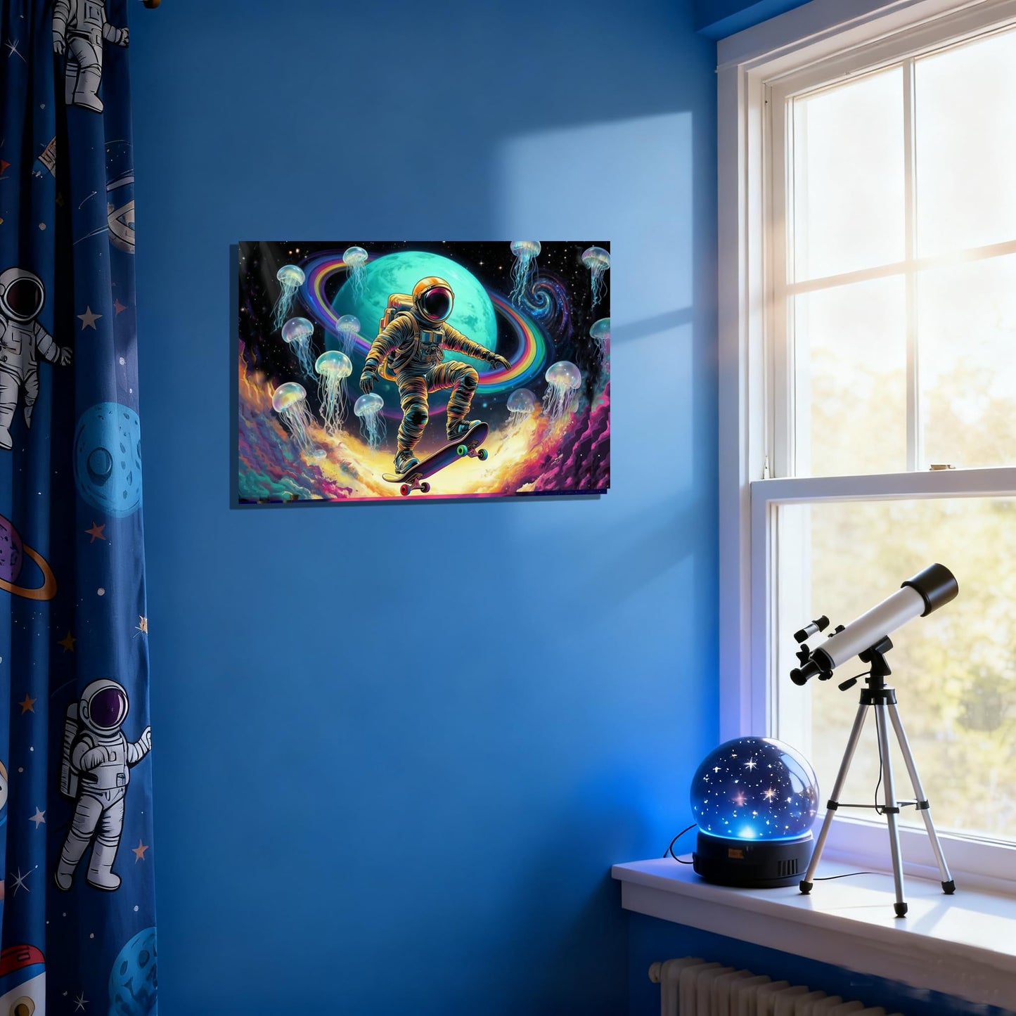 16x24 Framed Space Astronaut Skateboard Canvas Wall Art Colorful Galaxy Print with Jellyfish Rainbow Cosmic Tenn Boy Room Fantasy Decor Kids Bedroom Funny Earth Poster Child Study Room Office Picture