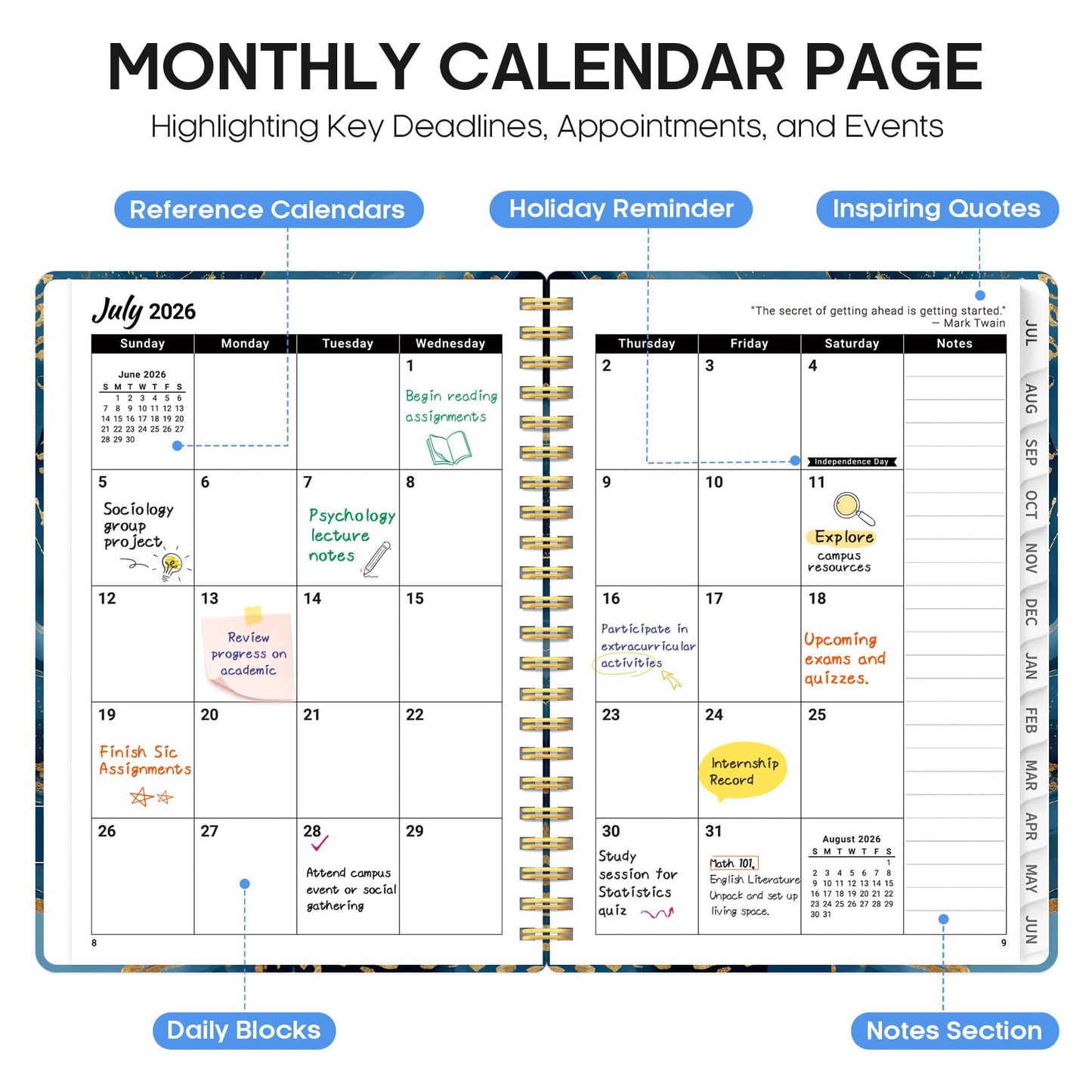 Planner 2026–2027, Weekly & Monthly Academic Organizer for School Year, Jul 2026–Jun 2027, Hardcover Planner with Tabs, Back to School Essential, 6.3" x 8.5", Auric Cascade