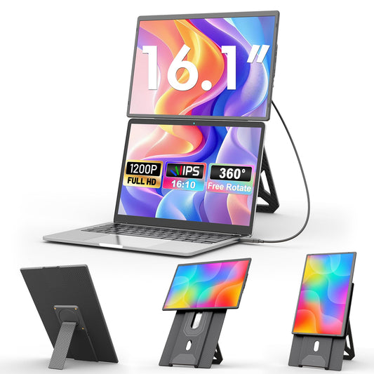 domyfan 16.1'' Laptop Screen Extender, 360° Rotating Detachable Stand/VESA Support, FHD 1200P IPS Portable Monitor, Plug & Play with HDMI/USB-A/Type-C, Compatible Win/Mac/Android