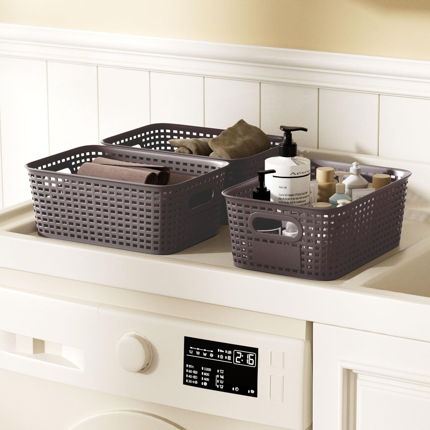6Pcs Storage Bins with Lids, Stackable Plastic Storage Basket with Bamboo Lid, Pantry Organizer Box Small Containers for Organizing Shelves Drawer Desktop Closet Cabinet Office Classroom 10x7.1x4.1in
