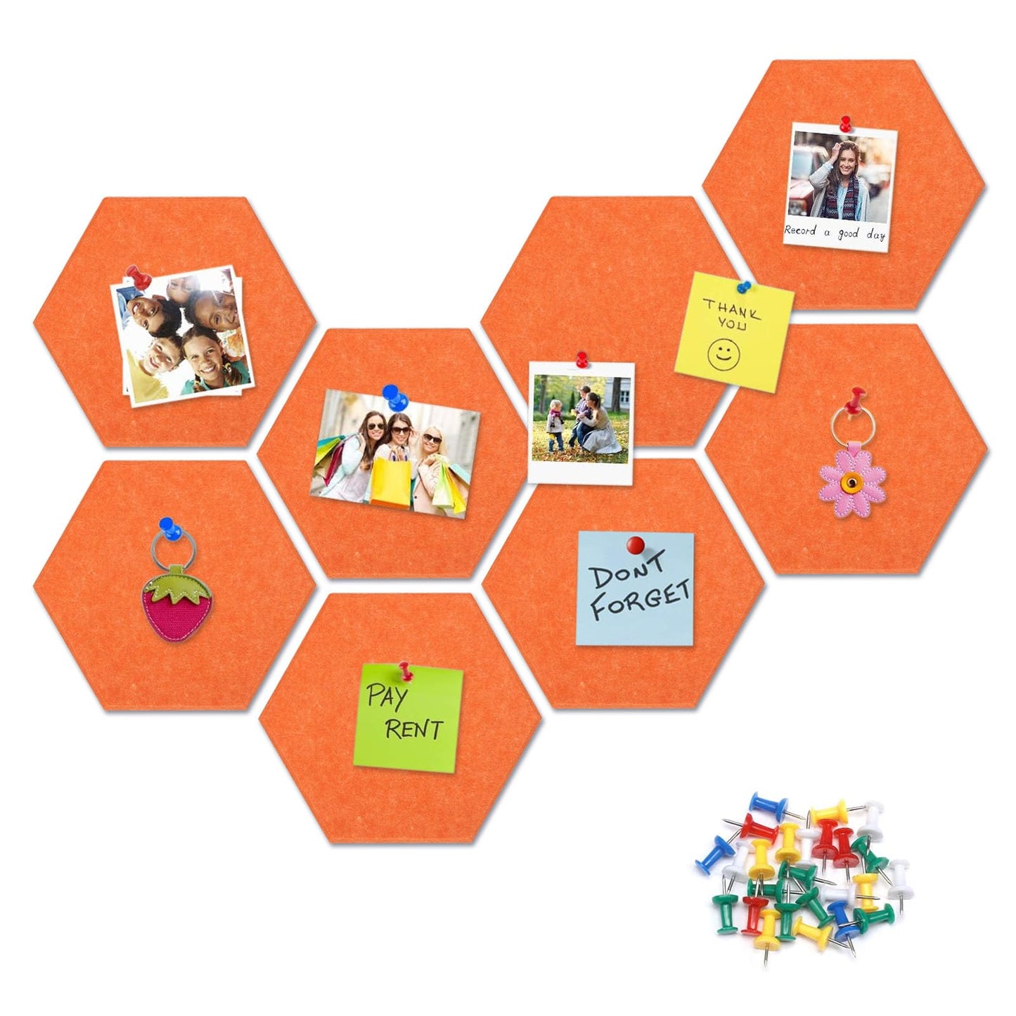 8 Packs Orange Hexagon Felt Pin Board, 12" Bulletin Board with 30 Push Pins, Felt Board for Home Kitchen Office Decor, Self-Adhesive Corkboard Tiles for Walls Classroom Message Photos Memos Display