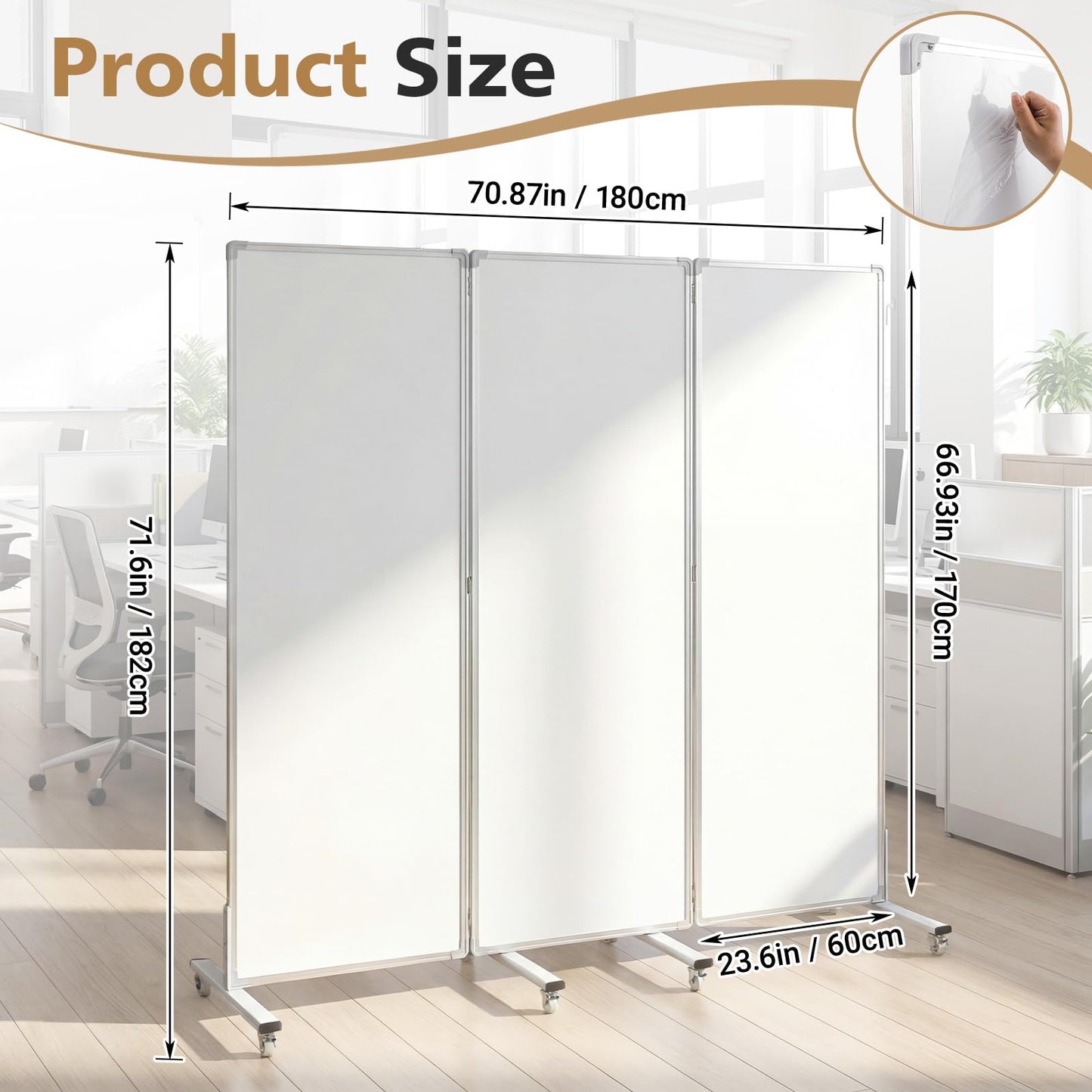 AmazingSpark 3-Section Mobile Magnetic Whiteboard Room Dividers Portable Dry Erase Board Partition with Stand and Wheels for Classrooms Offices, 72 H x 24 W