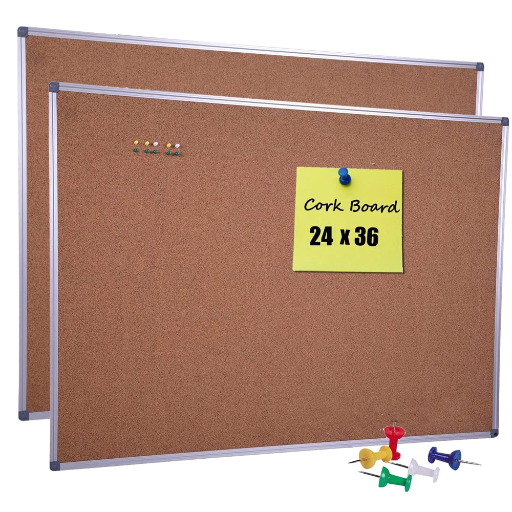 2-Pack Cork Board 36 x 24 Inch, Aluminum Frame Bulletin Board for Walls, Large Self-Healing Vision Board for Office, School, and Home, Hanging Notice Board with 10 Push Pins (3x2 Ft)