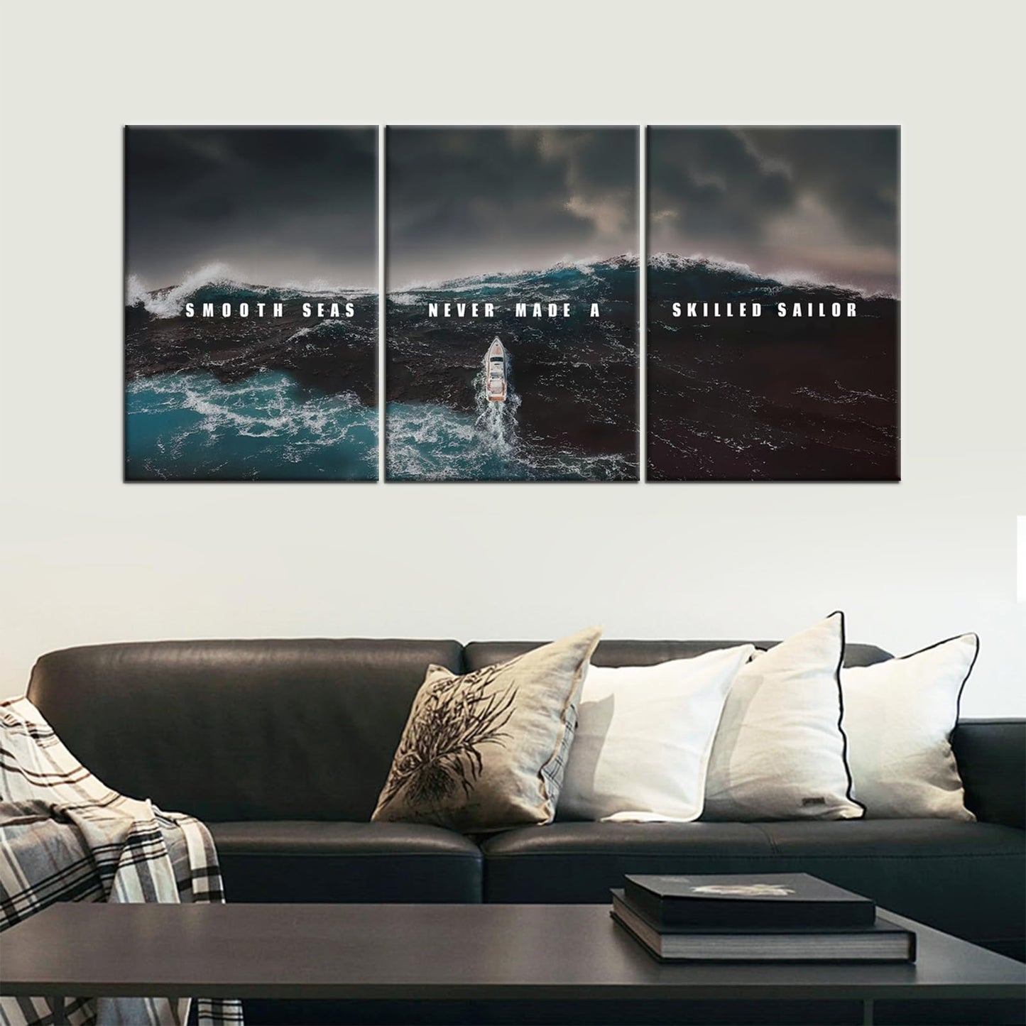 PSYYSP 3 Panel Canvas Prints Motivational Wall Art, Smooth Seas Never Made a Skilled Sailor Quote with Stormy Ocean Boat Scene for Living Room Office, Framed Canvas 60x28 Inch