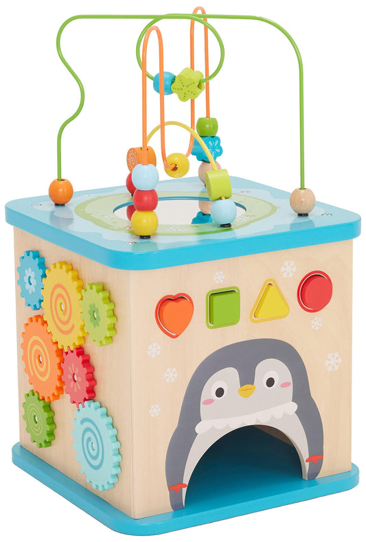 Amazon Basics Kids Wooden Activity Cube, Educational Learning Toy with Bead Maze and Shape Sorter, Developmental Fine Motor Skills, Gift for Toddlers Age 12M+, Multicolor, 13.4x22.5x13.4inches