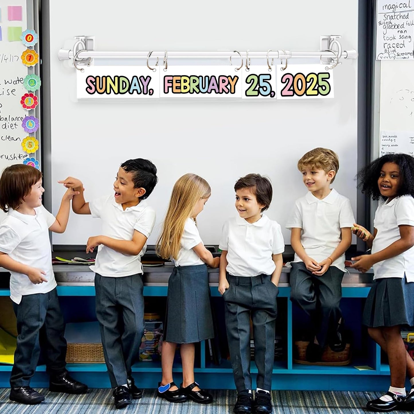 Flip Calendar Bulletin Board Set Classroom Decorations for Whiteboard with Adjustable Flip Calendar Rod Holder Date Cards Days of The Week for Classroom School Supplies(Pastel)