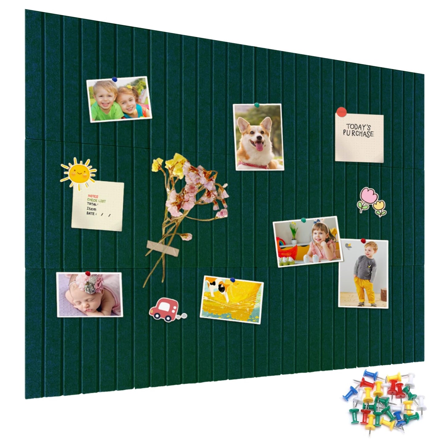 15 Pack Felt Bulletin Board, 35" x 59" Large Dark Green Pinboard with 30 Push Pins, Felt Pin Board, Self-Adhesive Cork Board Tiles for Home, Office Walls, School Classroom Message Photos Display