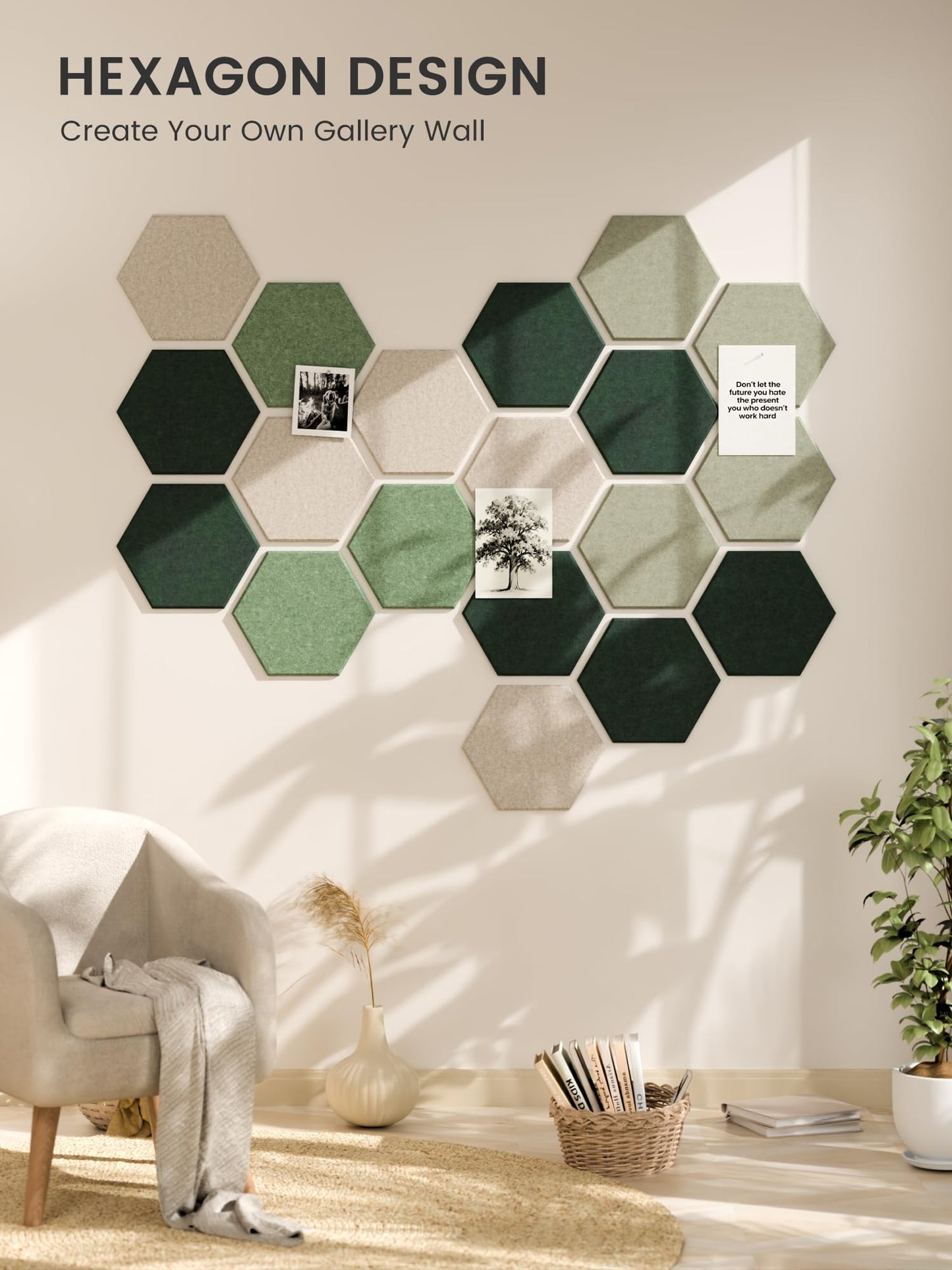 Fluxynara Hexagon Cork Board Alternative for Walls Decor-8-Pack Felt Bulletin Board Tiles,with 30 Pushpins,50 Adhesive Tabs for Office,Classrooms & Home Pin Board Felt Board-Sagewood