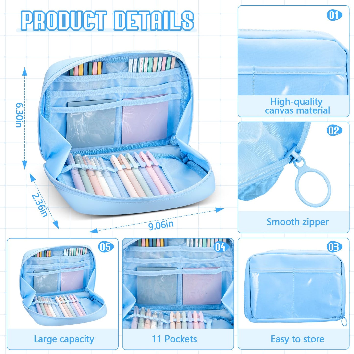 Trandraft 135 Pcs Book Annotation Kit with Pencil Case, 12 Pastel Highlighters, 11 Gel Pens, Fine Marker, 300 Transparent Sticky Notes, 2640 Index Tabs, Bible Study Supplies Kit(Kawaii,Blue)